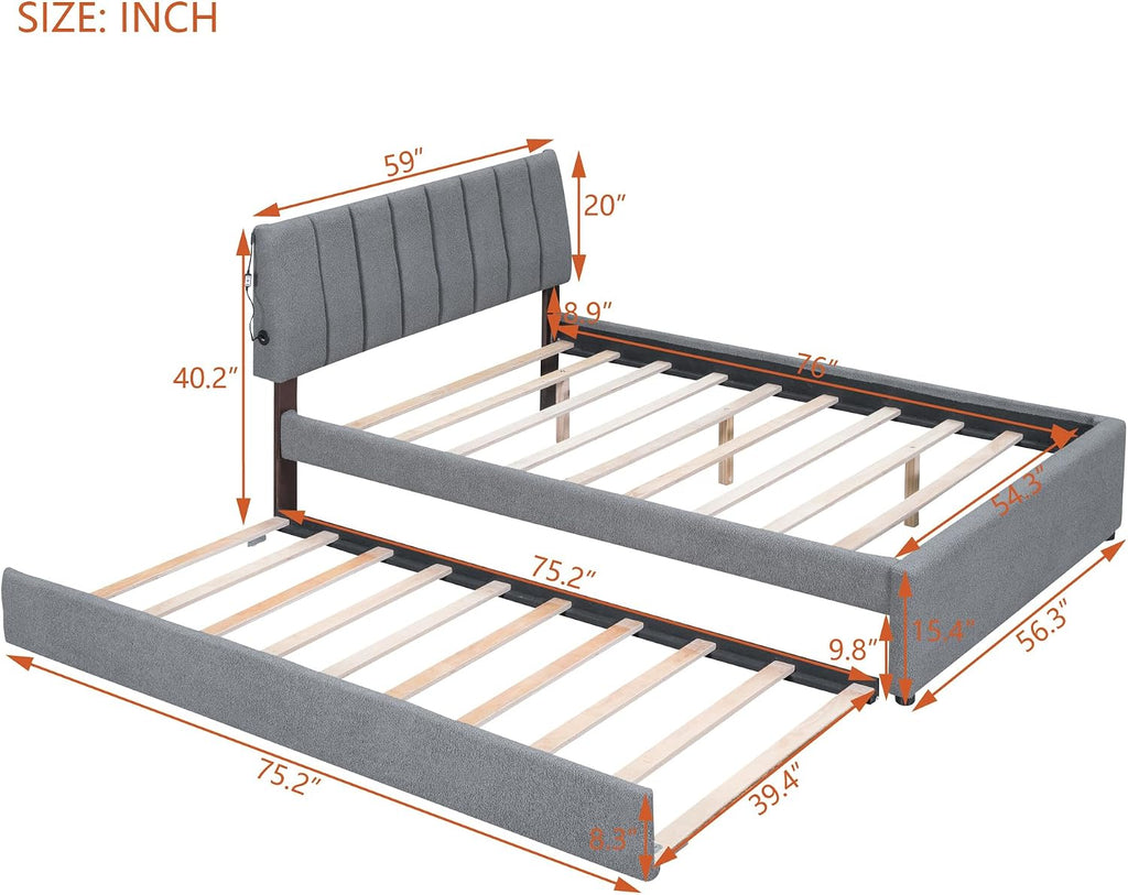 Ball & Cast Full Szie Upholstered Bed Frame with LED Light and Trundle,Teddy Fleece Platform Bed w/Channel Tufted Headboard &Wooden Slats Support,No Box Spring Needed, for Bedroom,Gray