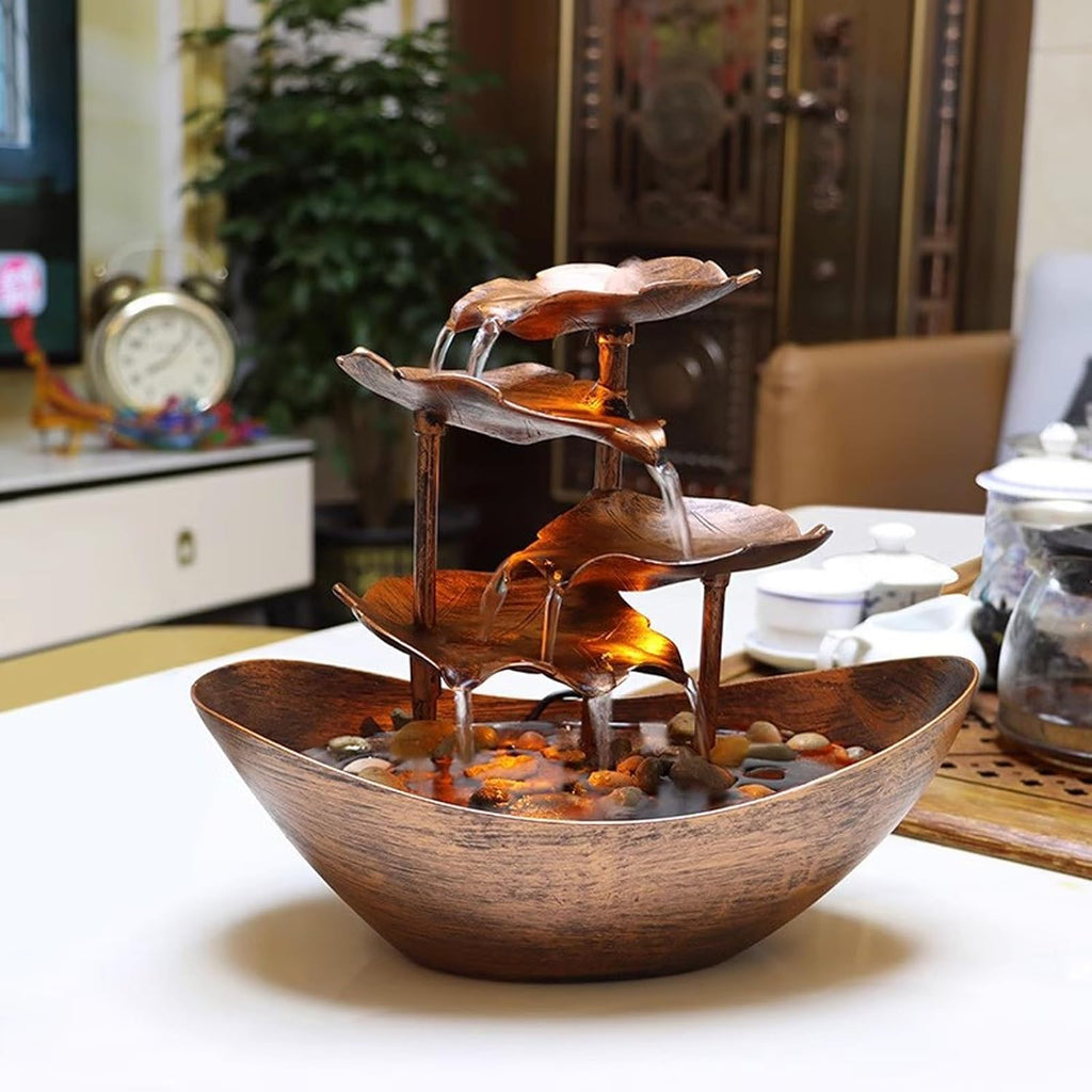 Tabletop Fountain Desktop Lotus Leaf Yuanbao Flowing Water Fountain Decoration Living Room Screen Porch Home Decoration, LED Atmosphere Night Light Desktop Fountain (Color : A)