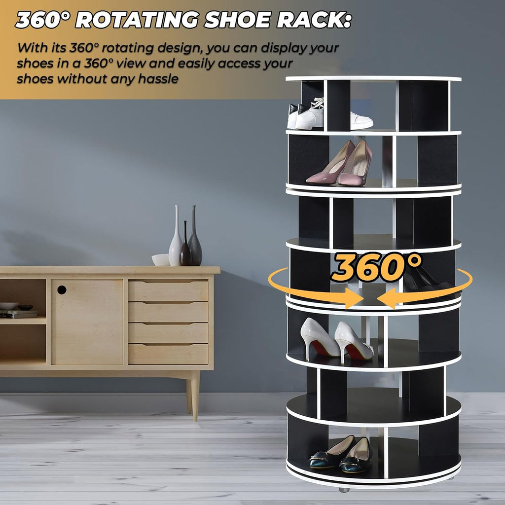 Kings Brand Furniture Cassidy Revolving Shoe Rack, Spinning Shoe Rack Tower, 360° Revolving Shoe Storage Organizer for Closet Entryway Bedroom Hallway (Black, 7-Tier)