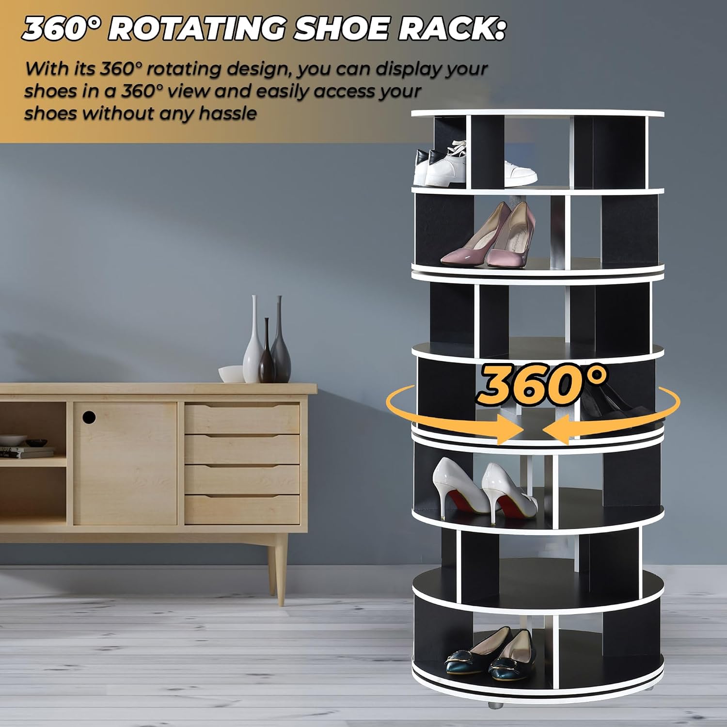 Kings Brand Furniture Cassidy Revolving Shoe Rack, Spinning Shoe Rack Tower, 360° Revolving Shoe Storage Organizer for Closet Entryway Bedroom Hallway (Black, 7-Tier)