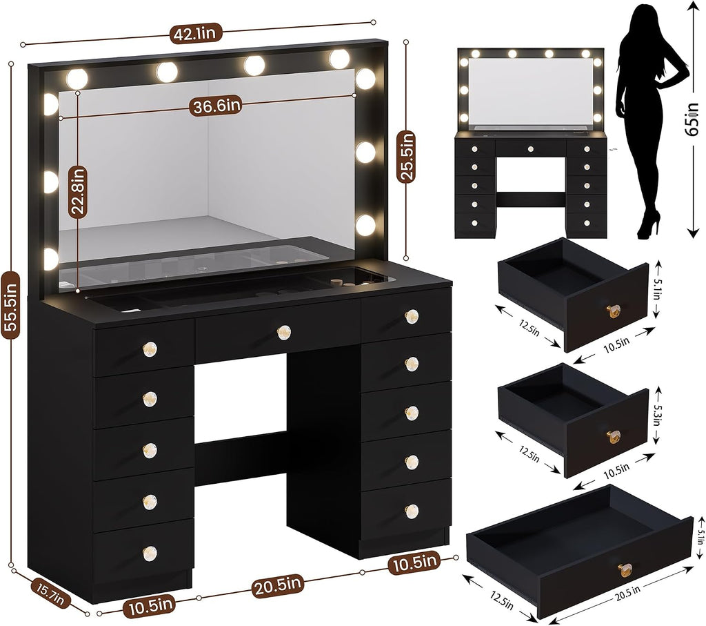 DINGIPP 42.1' Vanity with Large Mirror and 10 LED Lights, Vanity Desk with Glasstop, 11 Drawers with Crystal Handles, Dressing Table with Power Outlet as Gift for Women, Girls (Black)