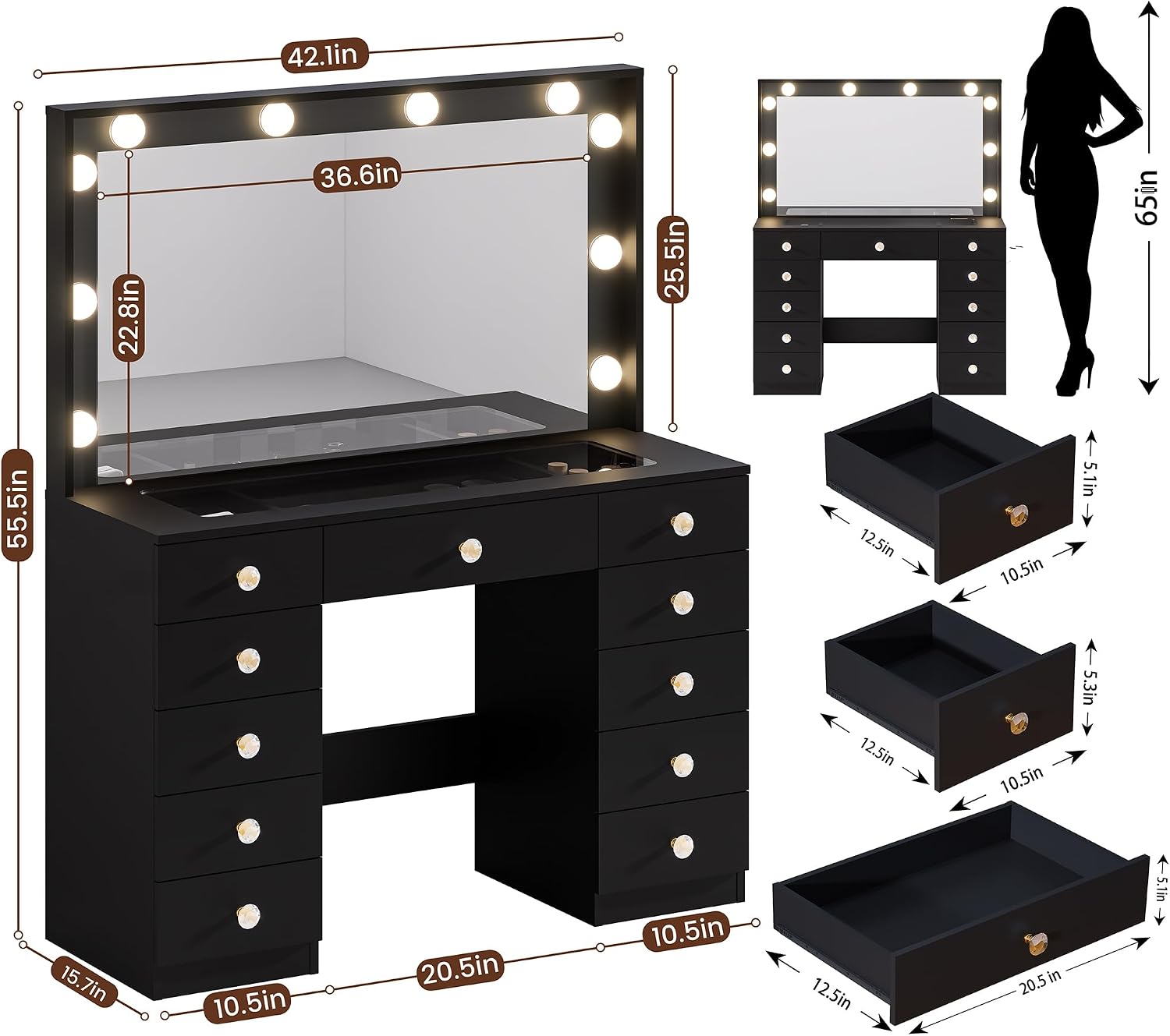 DINGIPP 42.1' Vanity with Large Mirror and 10 LED Lights, Vanity Desk with Glasstop, 11 Drawers with Crystal Handles, Dressing Table with Power Outlet as Gift for Women, Girls (Black)