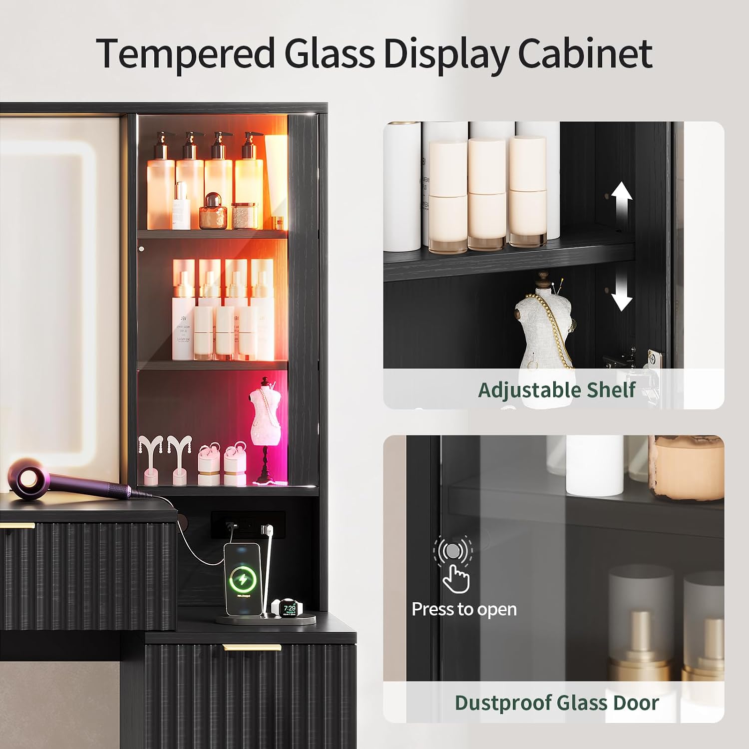HAUOMS Big Vanity, 59.1' Fluted Wood Makeup Vanity Desk with Mirror and Sound Sync LED Lights, Large Vanity Dressing Table, 8 Drawers, 2 Glass Cabinets, with Charging Station for Girls, Women (Black)