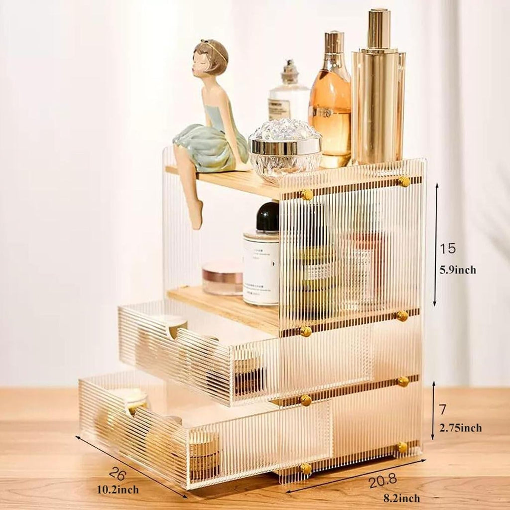 Acrylic Makeup Organizer for Vanity - 2 Drawers & Storage Cabinet, Clear Bathroom Countertop Organizer for Cosmetics, Skincare & Accessories