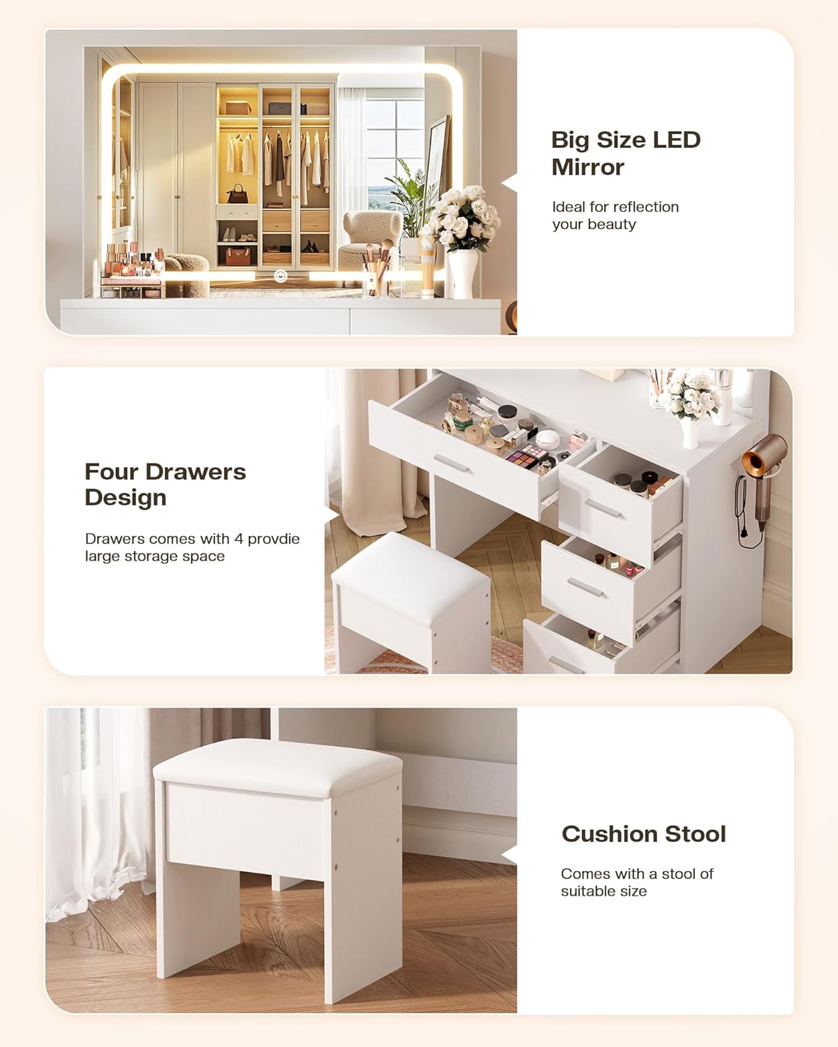 LIVELYGLOW Makeup Vanity Desk with Charging Station & LED Mirror – 35.4' Vanity Set with 4 Drawers, 3 Lighting Modes – Modern Bedroom Furniture (15.7' D x 35.4' W x 53.9' H), White