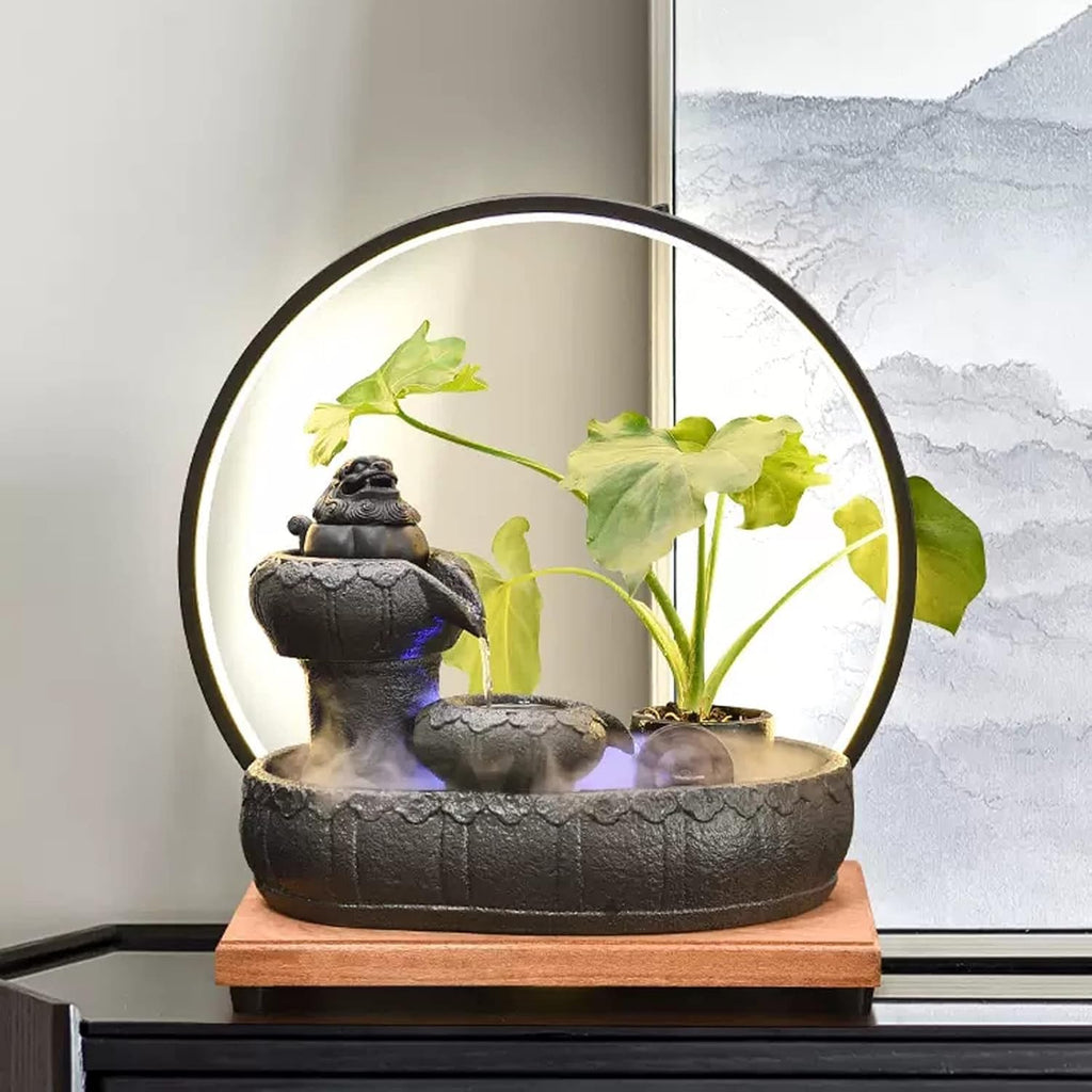 Desktop Fountain Ceramic Tabletop Fountain with Wooden Base and LED Light Ring Indoor for Home Decoration Table Desk Office Patio