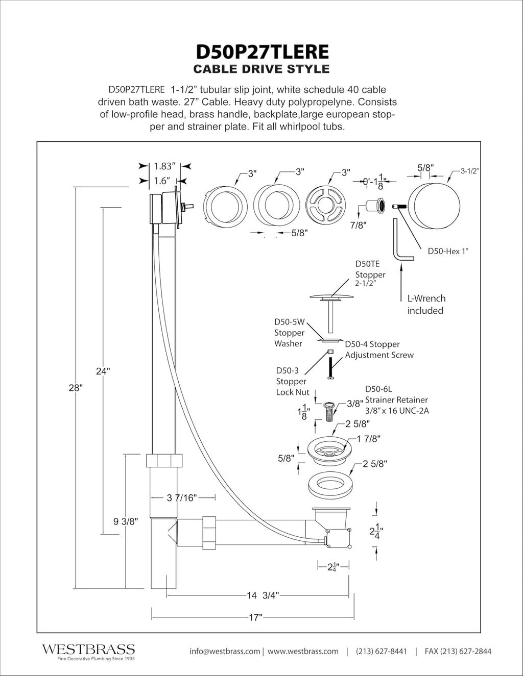Westbrass D50P27TLERE-26 27' Cable Drive Bath Drain Trim with Rotary Overflow Cover Knob, Pop-Up Stopper and Poly Tubular Pipes & Fittings, Polished Chrome
