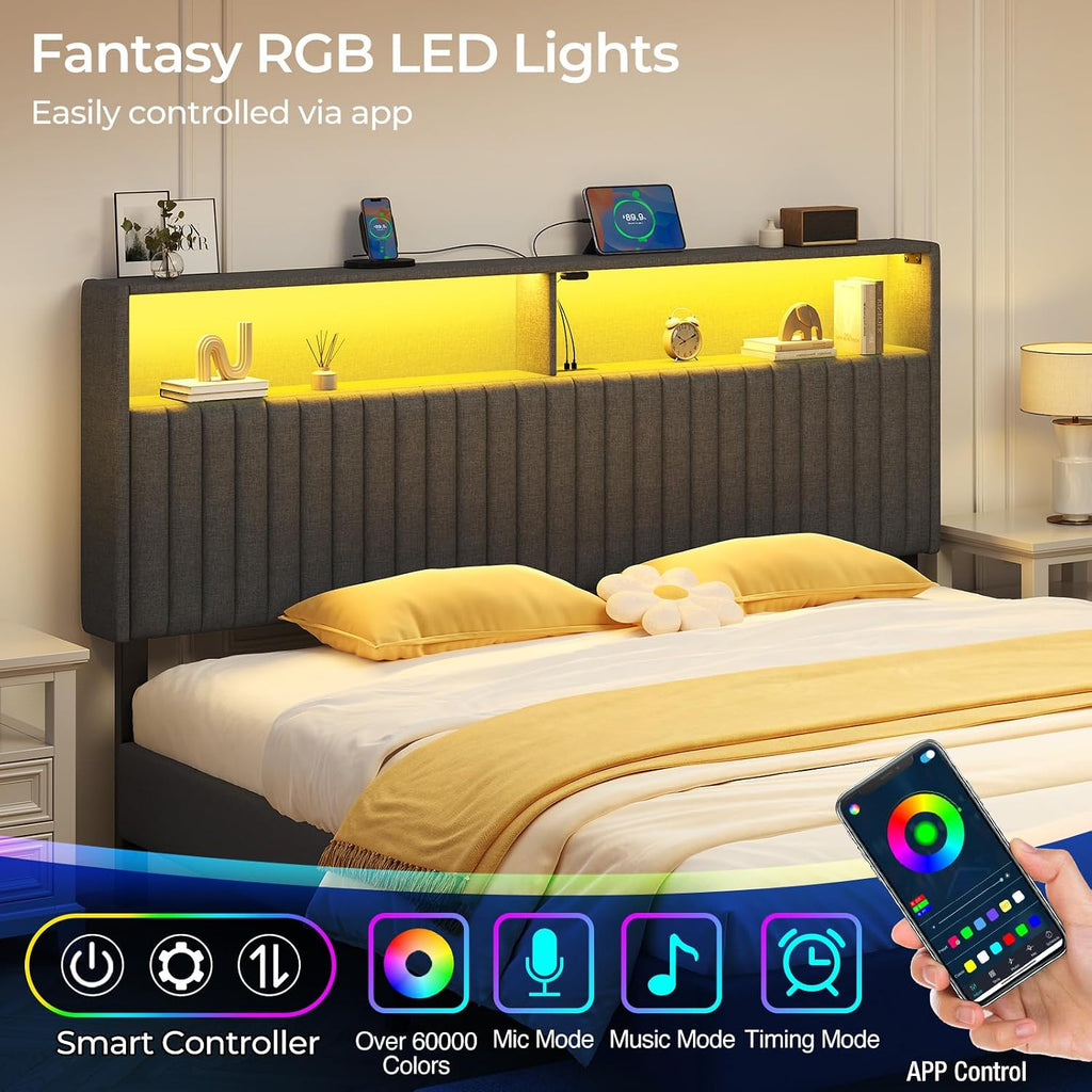 Rolanstar Headboard for King Size Bed with Storage, Head Board with USB & Type C Port, 60,000 DIY Color of LED Light, Velvet Upholstered, Height Adjustable, Sturdy, Easy Assembly, Grey