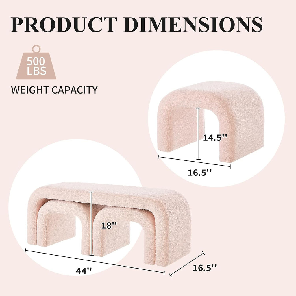 3-Piece Modern Ottoman Bench Set, 44' Wide Teddy Upholstered End of Bed Bench with 2 Foot Stools, Padded U-Shaped Entry Bench Vanity Stool for Living Room Bedroom (Pink)