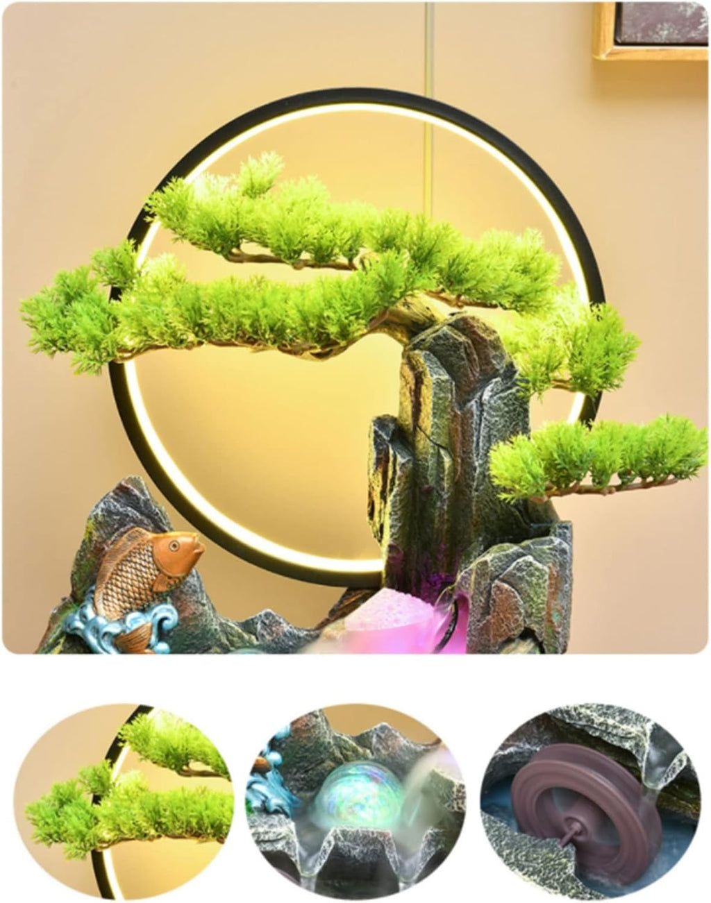 Desktop Fountain Tabletop Fountain Resin Mountain Stone Waterfall Cascading with Round LED Lights and Fake Trees Home Office Decoration Small Table Lamp