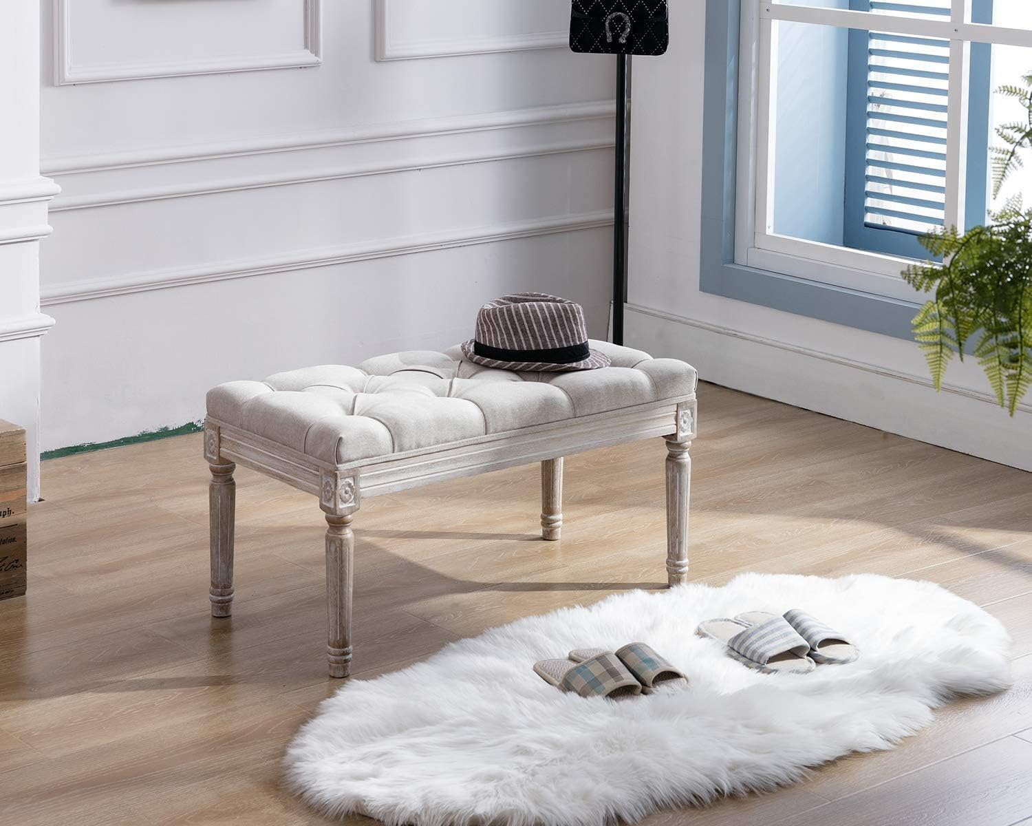 Kmax Tufted Entryway Bench, Upholstered Rustic Ottoman Bench, 31.5' x 15.75' x 15.7' Beige