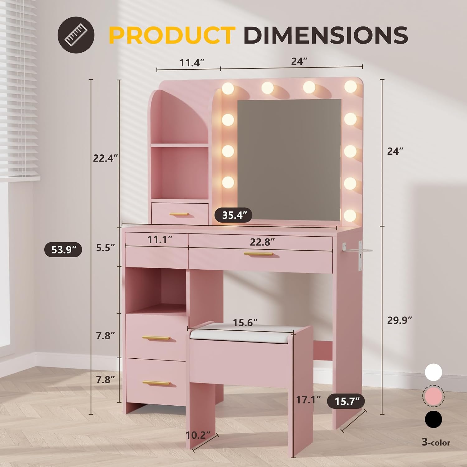 Otterease Vanity Desk with LED Lighted Mirror&Power Outlet, 3 Lighting Colors Makeup Vanity Desk with 5 Large Drawers and 3 Storage Shelves, Pink Vanity with Storage Stool for Bedroom