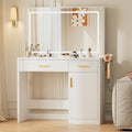 Sweetcrispy Vanity Desk with 35.4' LED Mirror and Lights, Makeup Vanity Table with Charging Station (2AC/USB/C), 2 Drawers & Large Cabinet, 3 Lighting Color Adjustable, Modern Dressing Table, White