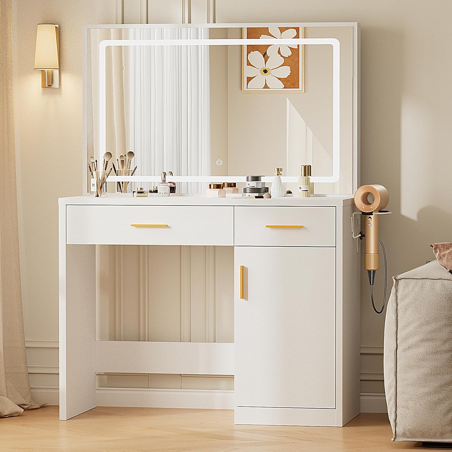 Sweetcrispy Vanity Desk with 35.4' LED Mirror and Lights, Makeup Vanity Table with Charging Station (2AC/USB/C), 2 Drawers & Large Cabinet, 3 Lighting Color Adjustable, Modern Dressing Table, White