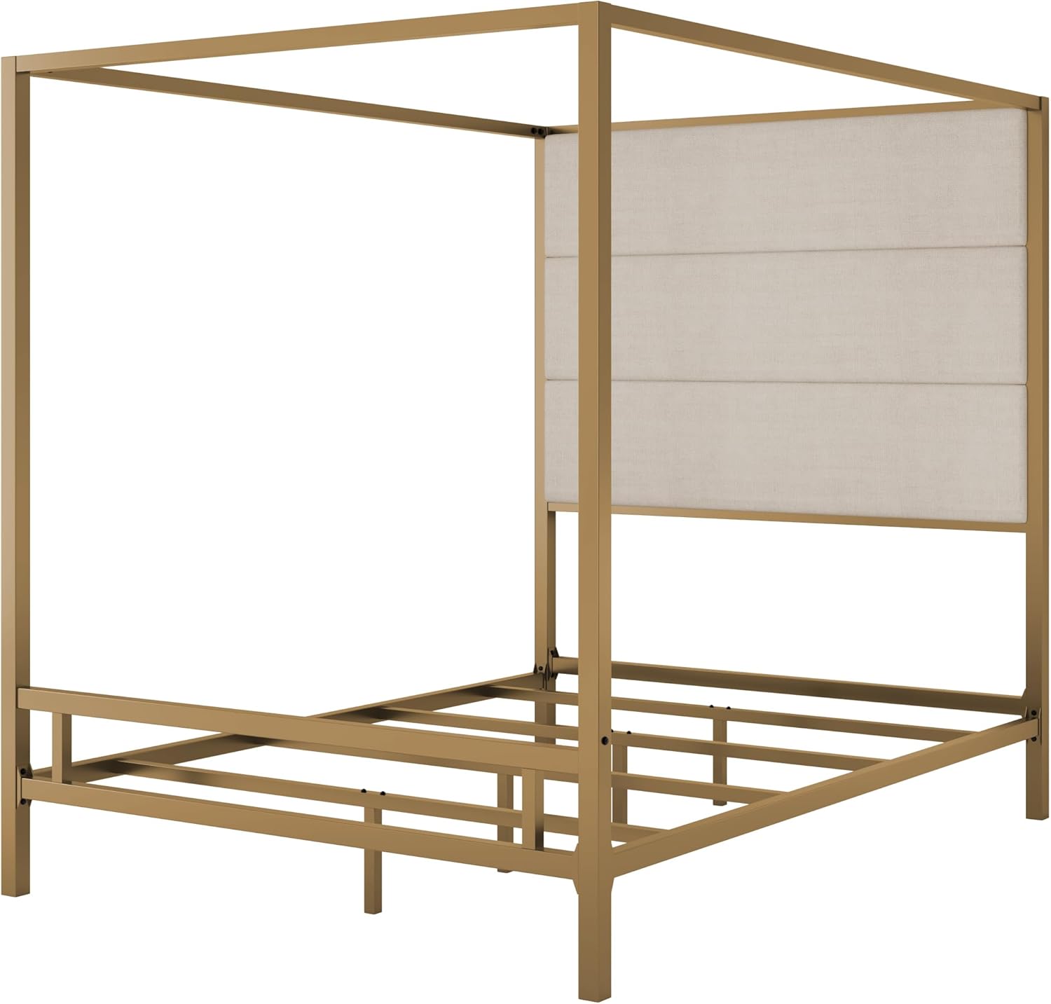 Queen Size Metal Canopy Bed Frame, Canopy Bed with Tall Linen Fabric Upholstered Headboard, Box Spring Needed, Gold+Tan