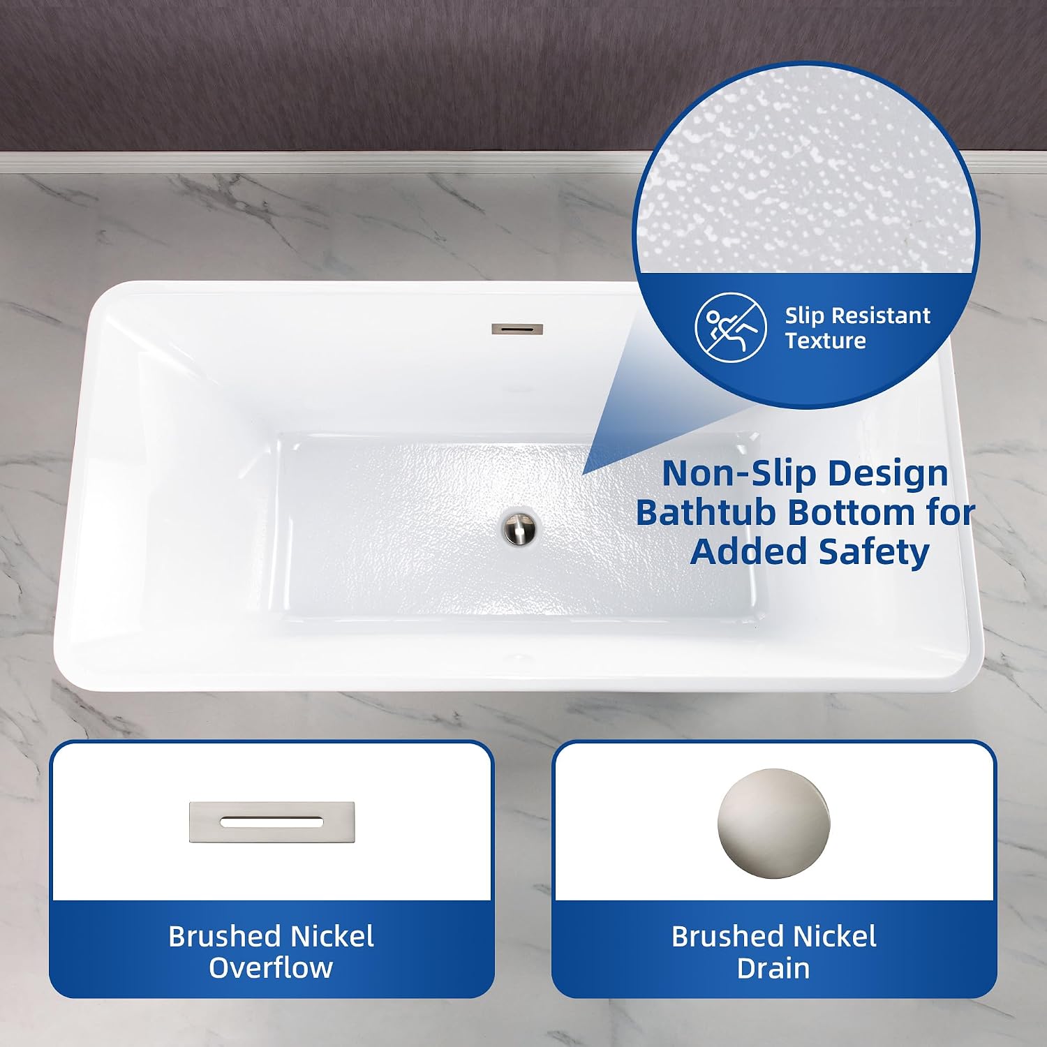WOODBRIDGE 67' Acrylic Freestanding Bathtub Contemporary Soaking White Tub with Brushed Nickel Overflow and Drain，BTA1609-BN-Drain &O