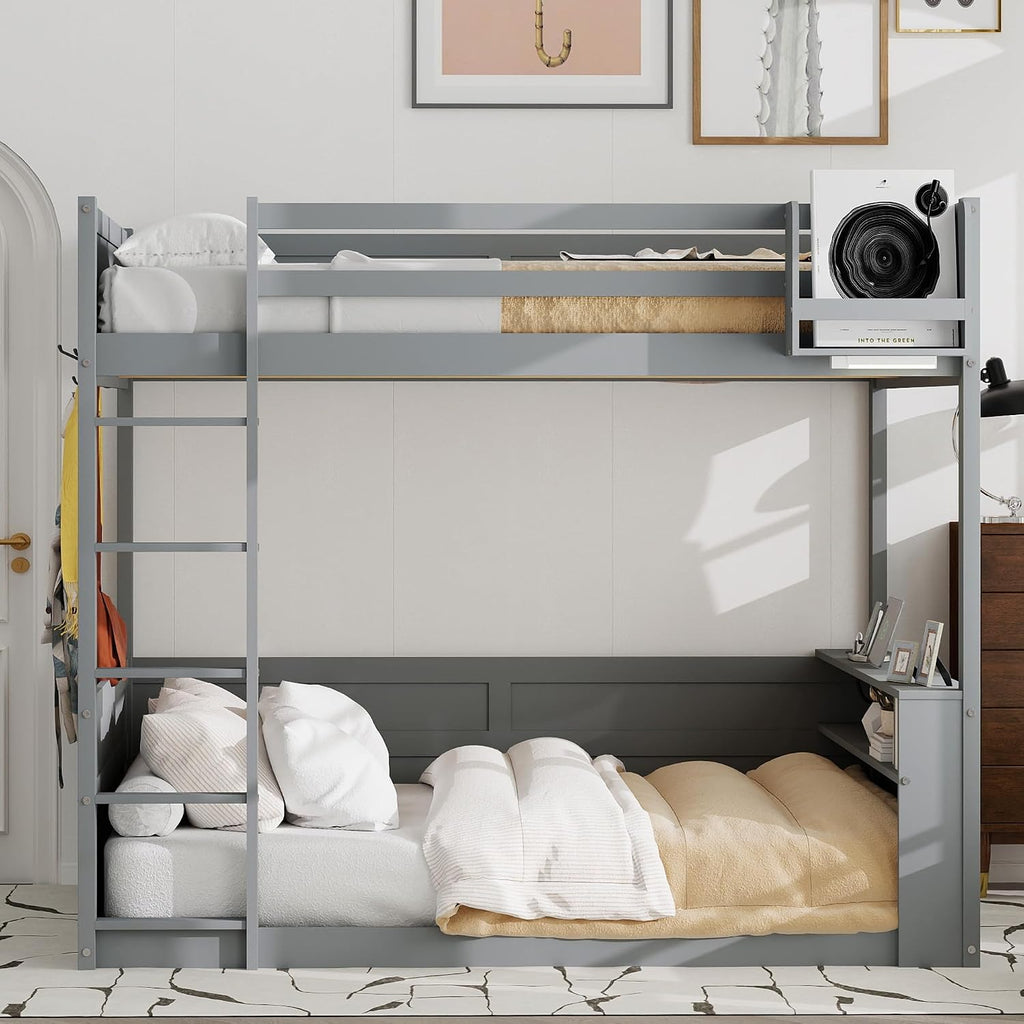 RUNNA Queen Size Wooden Bunk Bed with Built-in Shelves,Storage Box,LED Light and USB Charging Station,No Box Spring Needed (Grey/USB1)