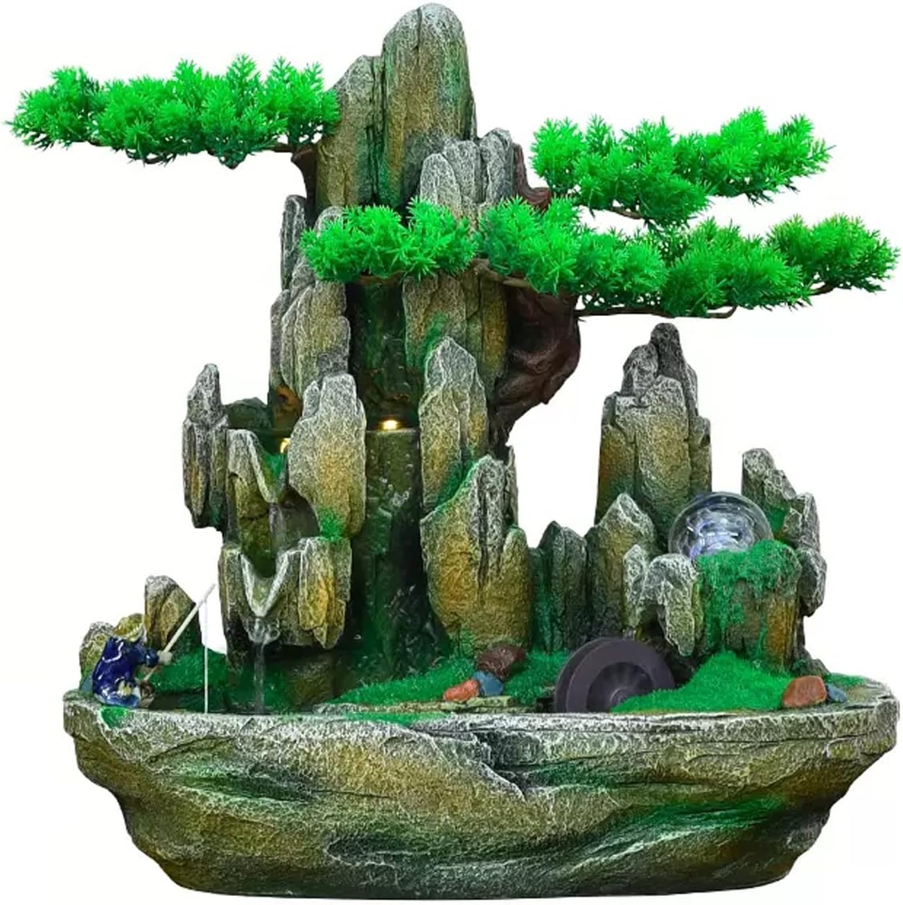Desktop Fountain Indoor Fountain Tabletop Natural Waterfall Fake Tree Creative Simulation Resin Rockery for Office Home Desk Decoration(Large)