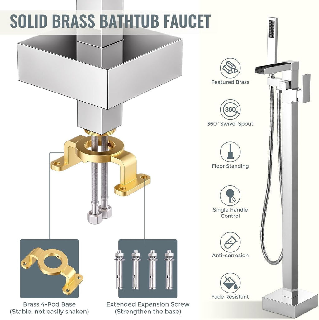 Free Standing Tub Faucet Chrome: ALEASHA High Flow Max 6.74 GPM Free Standing Tub Filler - Brass Modern Floor Mount Bathtub Faucet with Handheld Shower, for the Ultimate Elegant SPA Experience