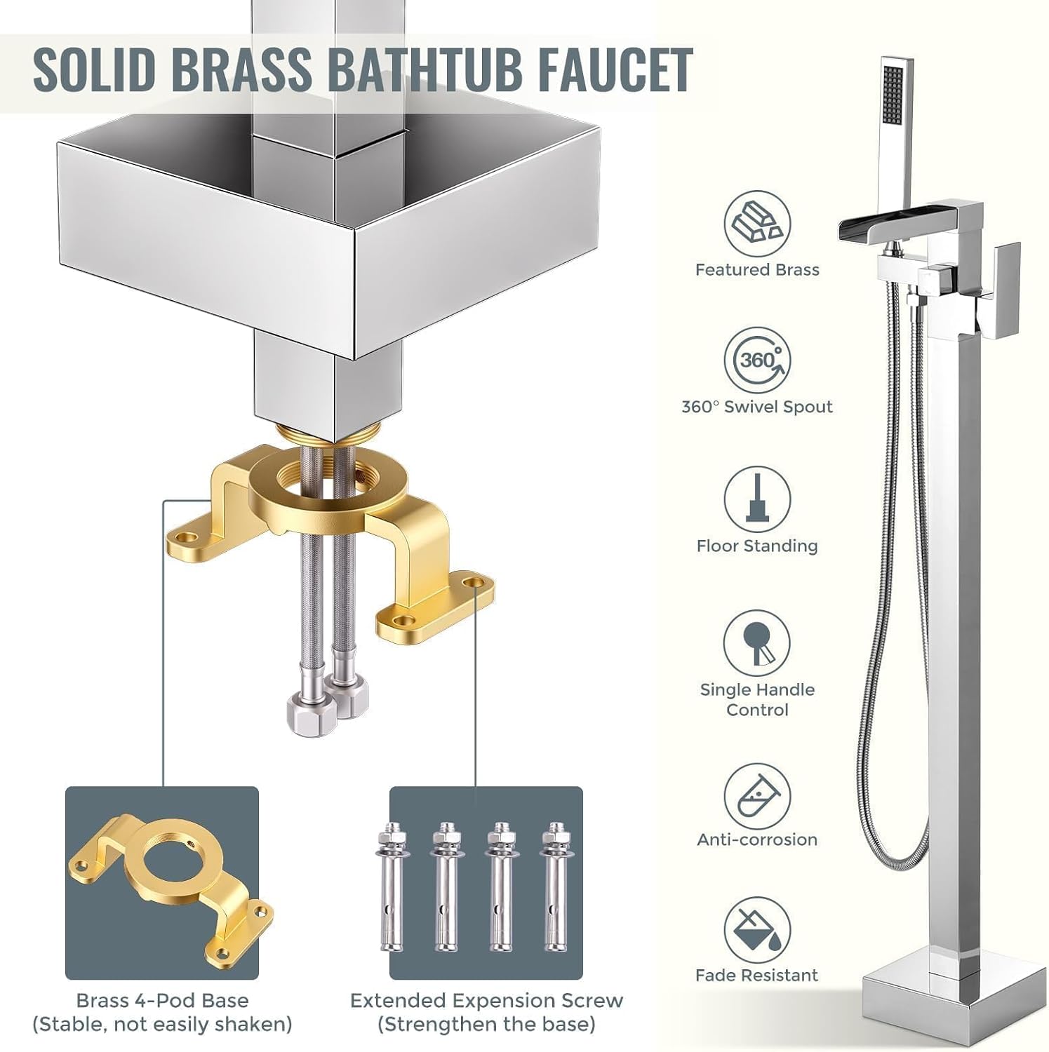 Free Standing Tub Faucet Chrome: ALEASHA High Flow Max 6.74 GPM Free Standing Tub Filler - Brass Modern Floor Mount Bathtub Faucet with Handheld Shower, for the Ultimate Elegant SPA Experience