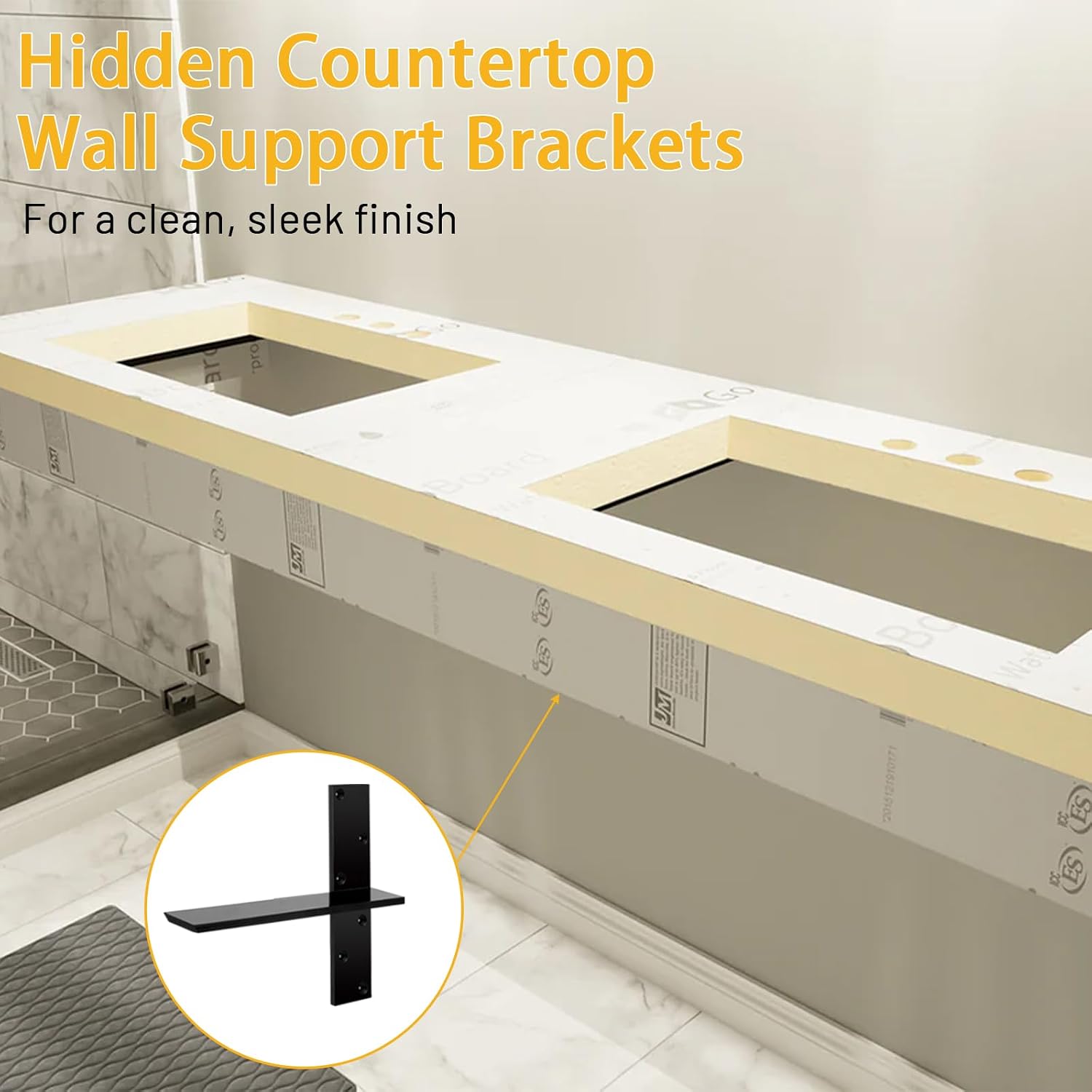 3/8' Thick Heavy-Duty Floating Shower Bench Brackets -18' L x 2.5' W Wall Mount Bracket, Free Hanging T Shelf Support Brackets for Vanity, Granite Countertops, Dishwashers,Bench Seats (4-Pack)