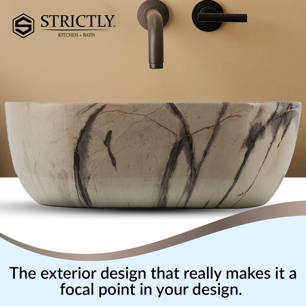 Strictly Sinks 20 Inch Bathroom Vessel Sink – Calacatta Marble Design Ceramic Countertop Bathroom Sink – Easy to Install Above Counter Luxurious Vessel Sink for Bathroom (20″ W x 16″ L x 5-1/4″ H)