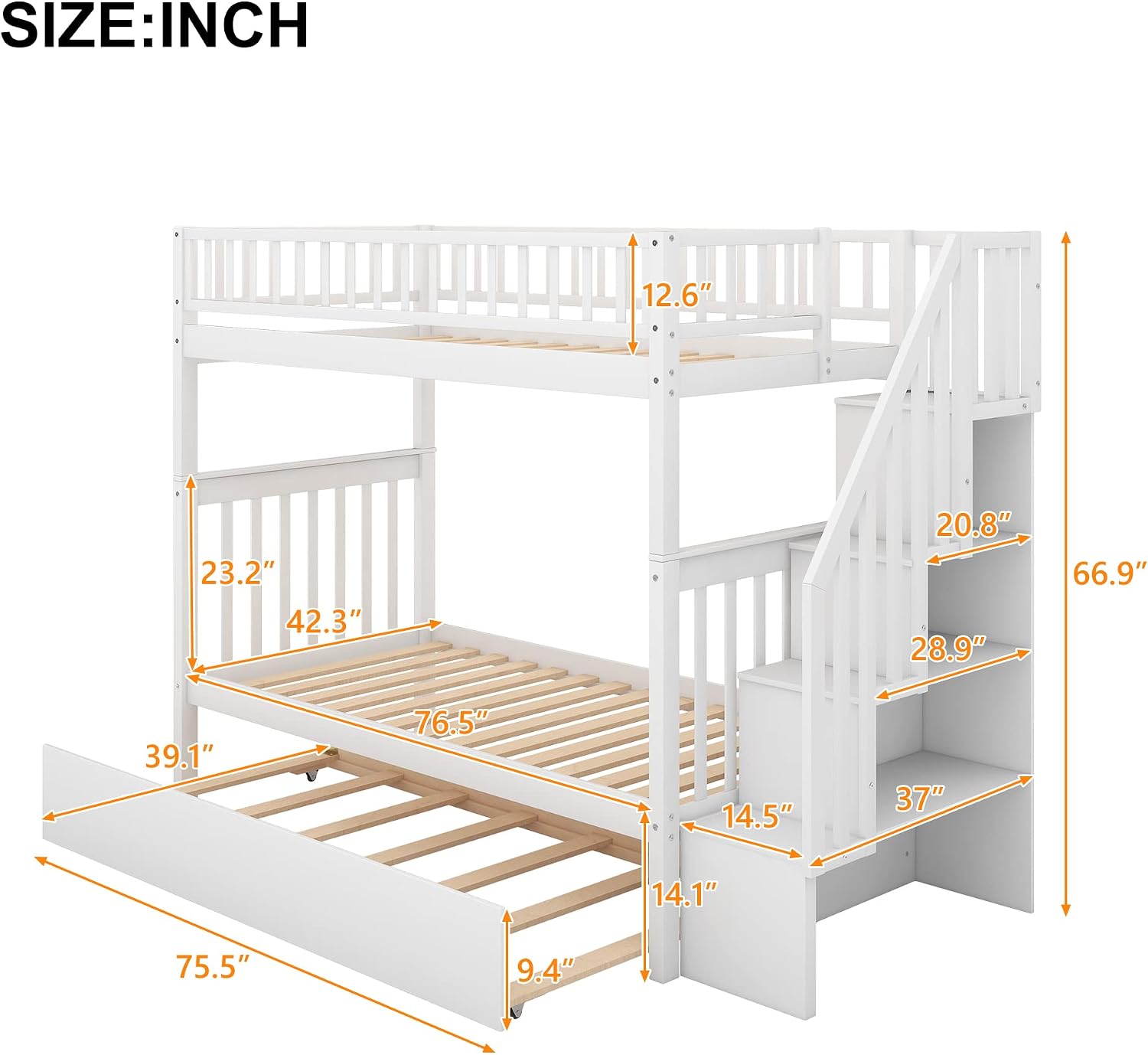 Solid Wood Twin Over Twin Bunk Bed with Trundle, Staircase, 4 Storage Shelves and Guard Rail, Can be Split Into 3 Separate Beds, No Box Spring Needed (White+3 Bed)
