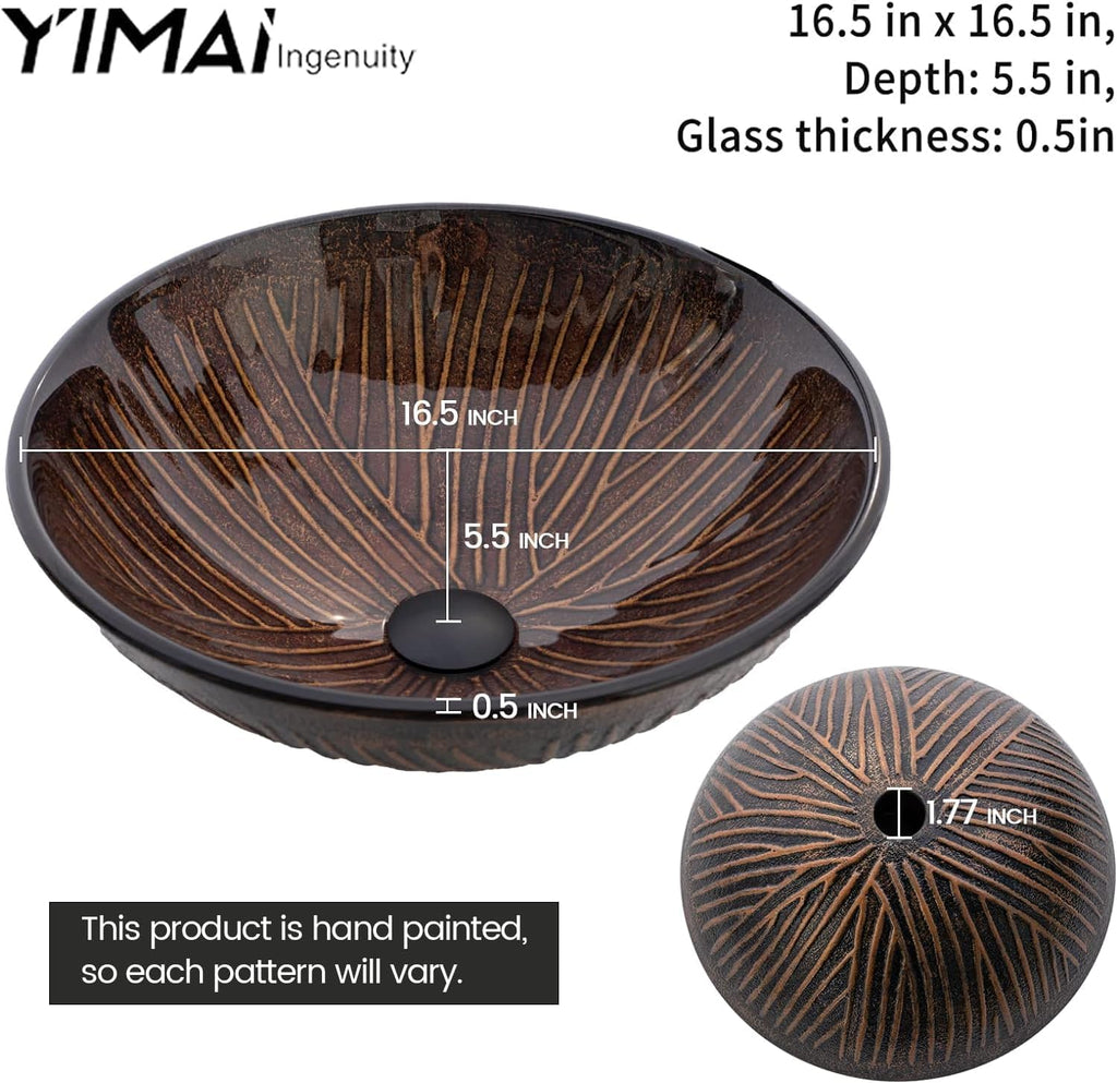 Vessel Sink 16.5' Bathroom Sinks Tempered Glass Brown Art Basin Round Bowl with Faucet Combo, Tree Streak Pattern,Modern Countertop Bowl Sink