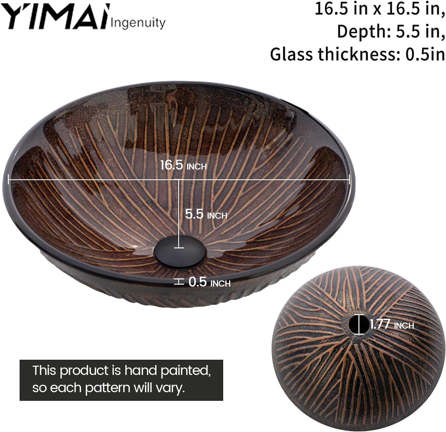 Vessel Sink 16.5' Bathroom Sinks Tempered Glass Brown Art Basin Round Bowl with Faucet Combo, Tree Streak Pattern,Modern Countertop Bowl Sink
