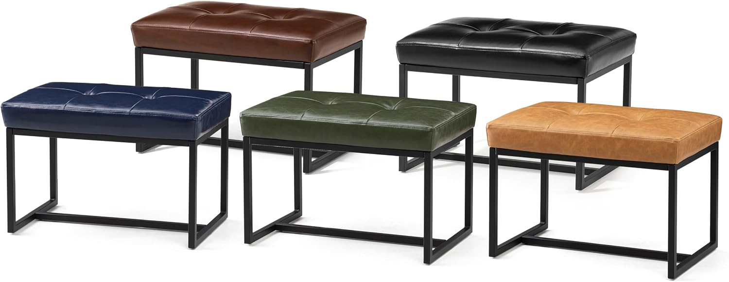 Glitzhome Ottoman Bench Pack of 2, Modern PU Leather Vanity Stools Chairs with Metal Frame, Makeup Stool Padded Foot Rest Stool for Living Room Vanity, Entryway, Bathroom,Green