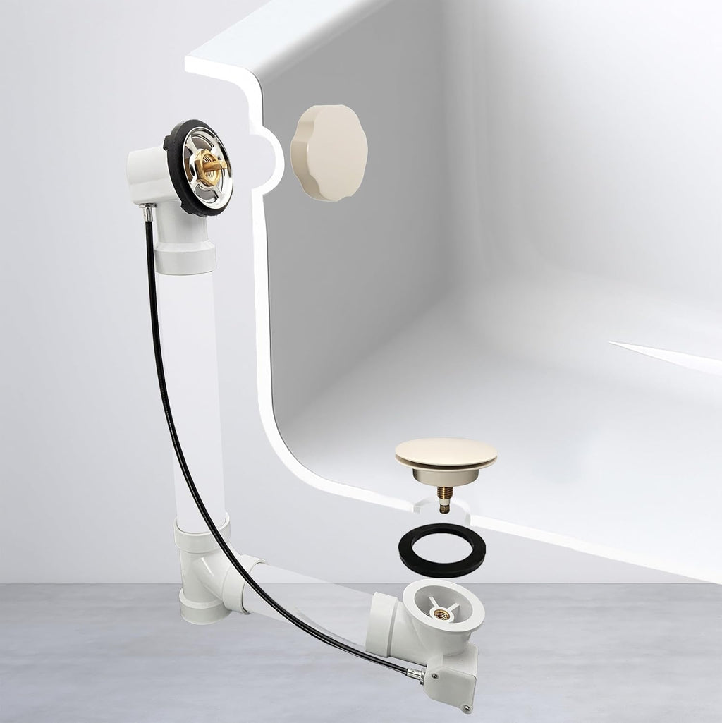Westbrass A50P45-65 45' SCH. 40 PVC Cable Driven Bath Drain Trim Kit with Rotary Overflow Cover Knob and Pop-Up Stopper, Biscuit