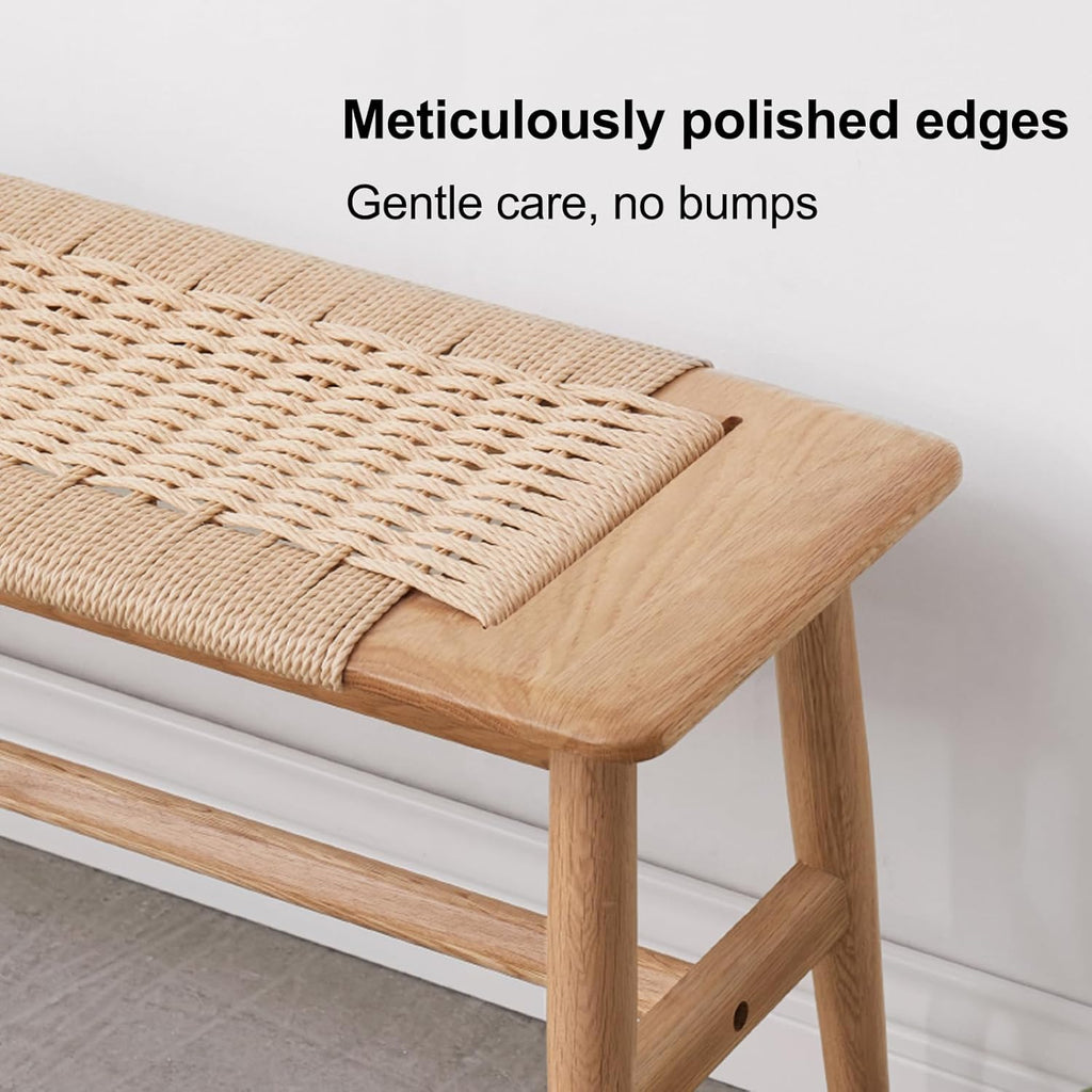 100% Solid Oak Farmhouse Entryway Bench, Wooden Bench Indoor with Hand Woven Rope Surface Design, Wood Bench for End of Bed with Solid Structure(Natural, 43.31' Wx11.81 Dx15.98 H)