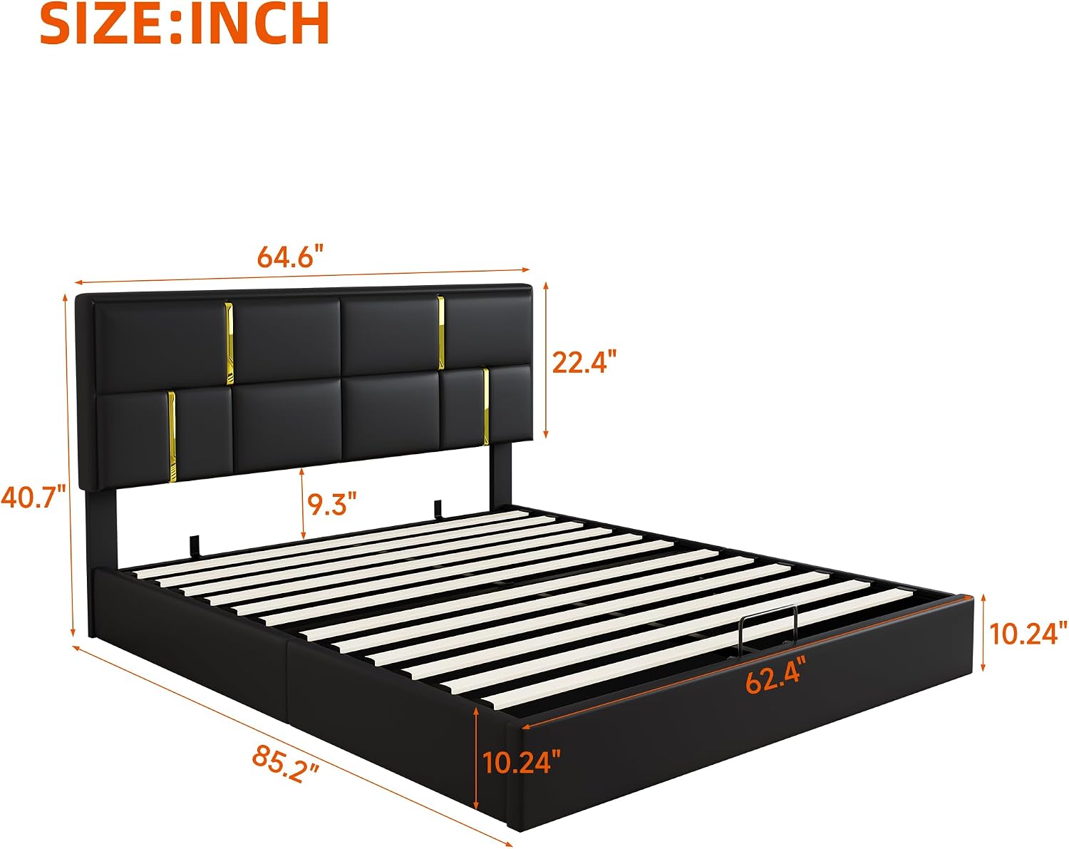 GDFStudio Gomar 2-Piece Bedroom Sets, Queen Size Storage Bed Frame with Hydraulic Lift & Ottoman Bench, PU Upholstered Platform Bed, Soft Fabric Headboard, No Spring Box Needed, Gold Decor, Black