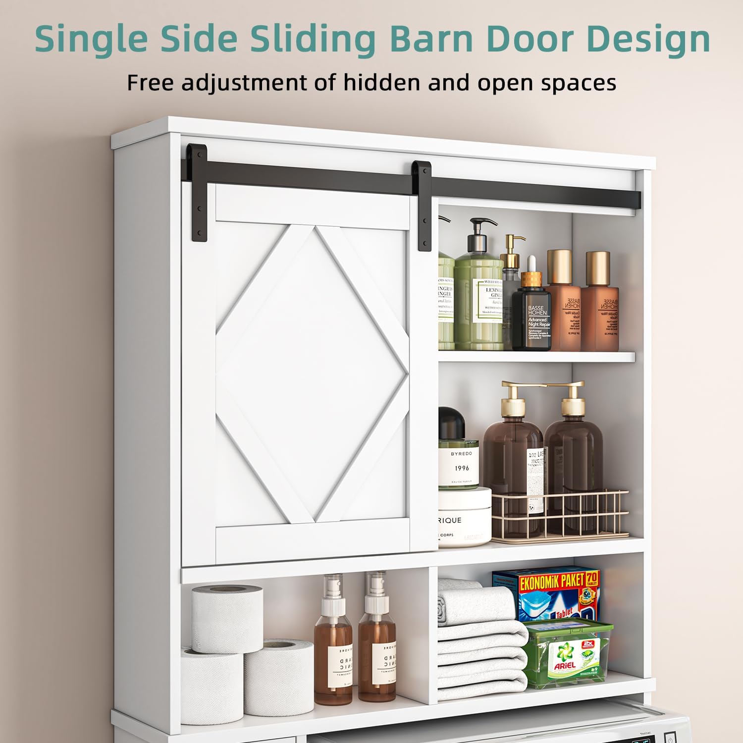 Over the Toilet Storage Cabinet with Farmhouse Sliding Barn Door, Above Toilet Organizer with Toilet Paper Holder Stand, Behind Toilet Shelf, Space Saver for Restroom, Bathroom, Laundry, White