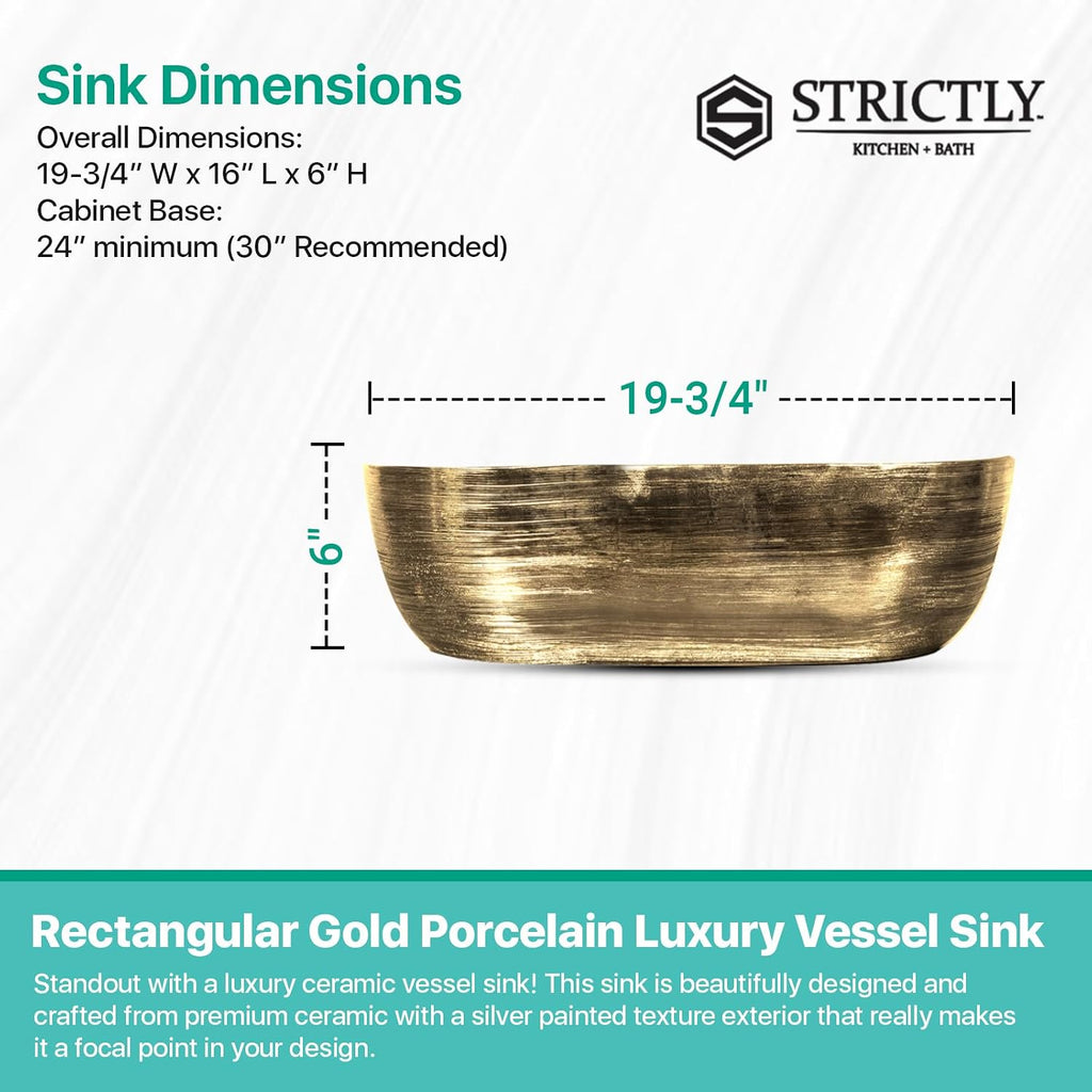 Strictly Sinks 19 Inch Rectangular Gold & White Ceramic Countertop Vessel Sink Easy to Install Above Counter Luxurious Bathroom Sink (19-3/4' W x 16' L x 6'H)