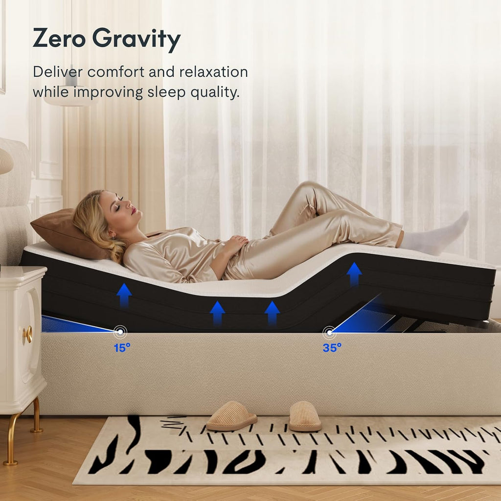 FLEXISPOT Split King Adjustable Bed Frame with 12' Gel Memory Foam Mattress – Zero Gravity & Soothing Massage, Medium-Firm Support, Bamboo Viscose Cover, 750 lbs Capacity