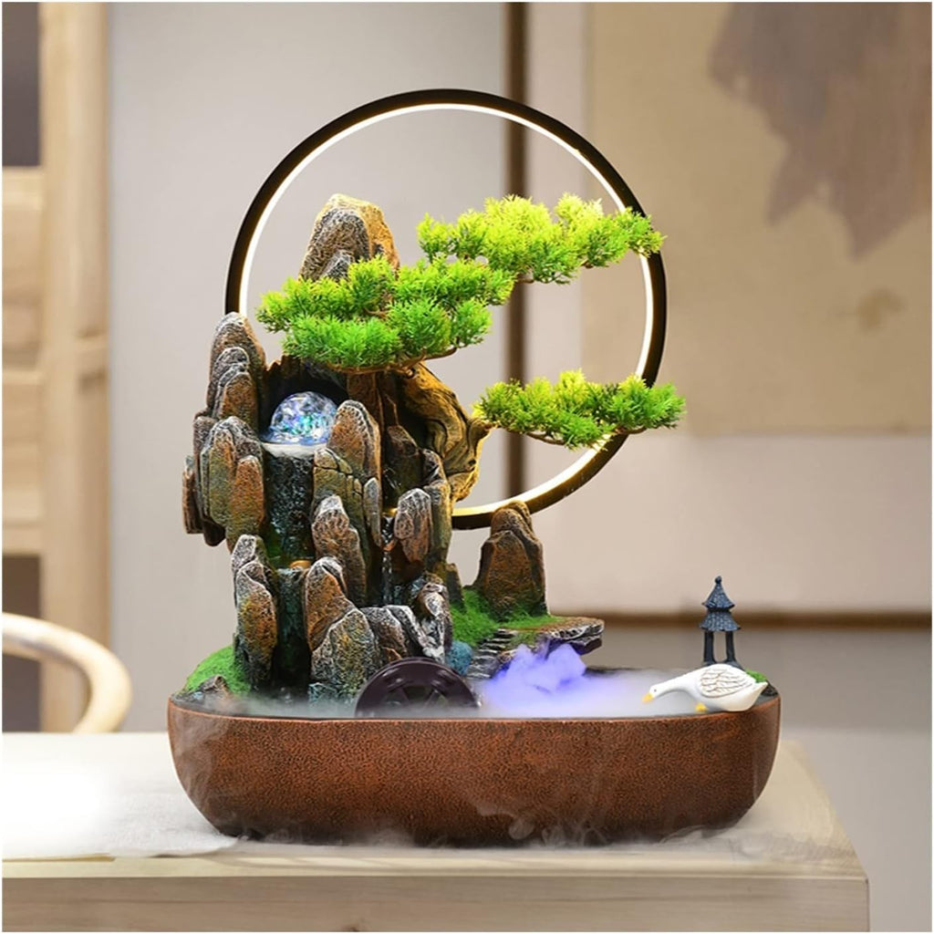Desktop Fountain Indoor Tabletop Fountain Resin Water Fountains Artificial Bonsai Trees and Stone Mountains Relaxation Waterfall for Home Decor(Large)