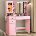 Vanity Desk with LED Lighted Mirror and Jewelry Organizer & Glass Top and Charging Station, Makeup Vanity with 3 Drawers and 2 Storage Cabinets & Hidden Compartment, Dressing Table for Bedroom, Pink