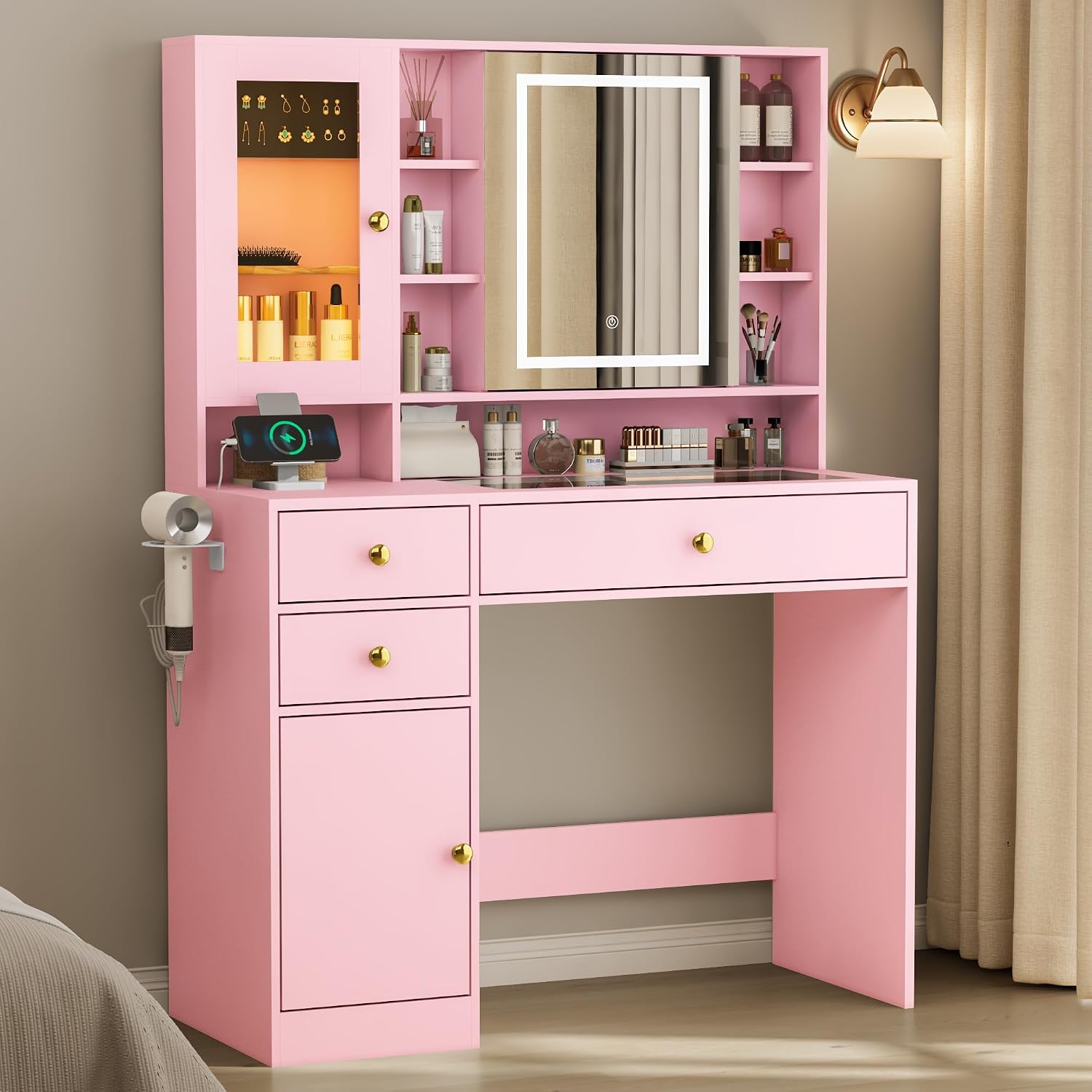 Vanity Desk with LED Lighted Mirror and Jewelry Organizer & Glass Top and Charging Station, Makeup Vanity with 3 Drawers and 2 Storage Cabinets & Hidden Compartment, Dressing Table for Bedroom, Pink