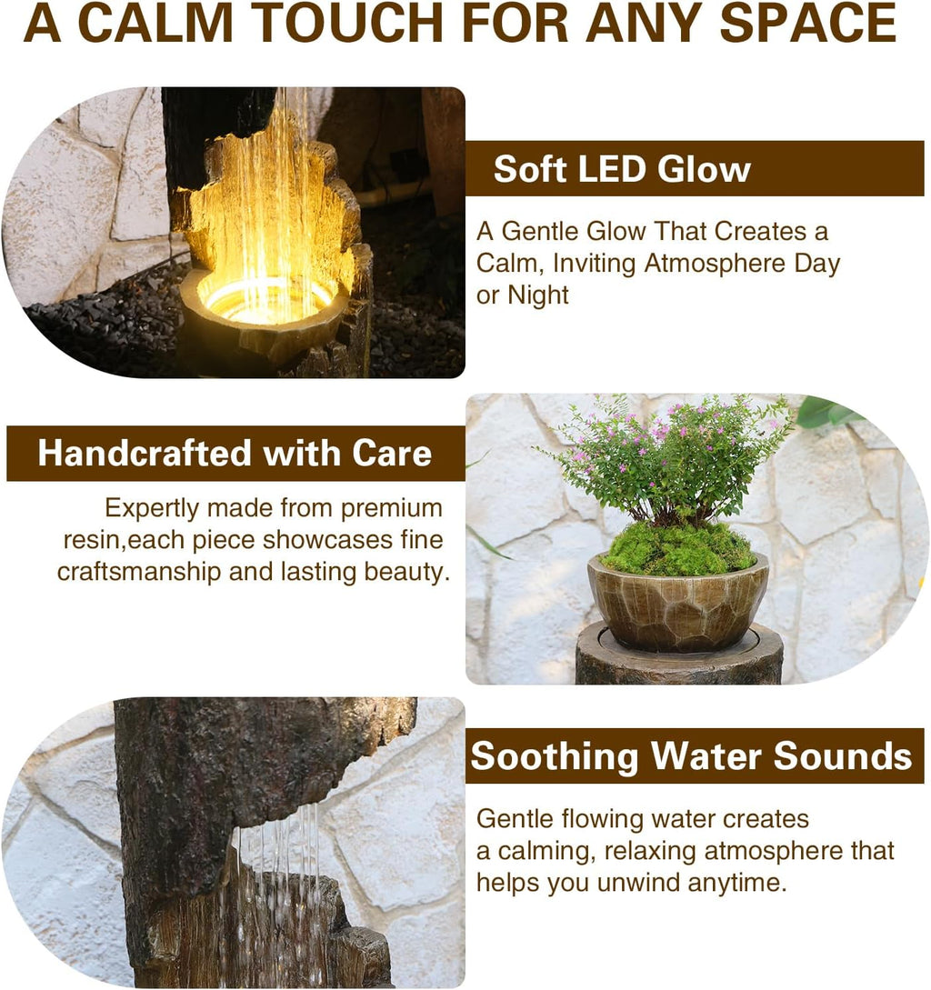 Sunlinua Outdoor Water Fountain with LED Light, Modern Spiral Tiered Outdoor Fountain with Wooden Planter Curved Freestanding Waterfall Fountains for Garden Patio Deck Porch