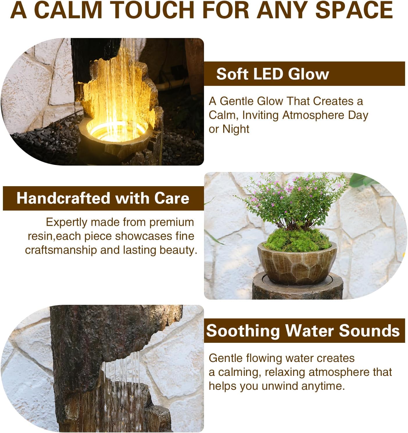 Sunlinua Outdoor Water Fountain with LED Light, Modern Spiral Tiered Outdoor Fountain with Wooden Planter Curved Freestanding Waterfall Fountains for Garden Patio Deck Porch