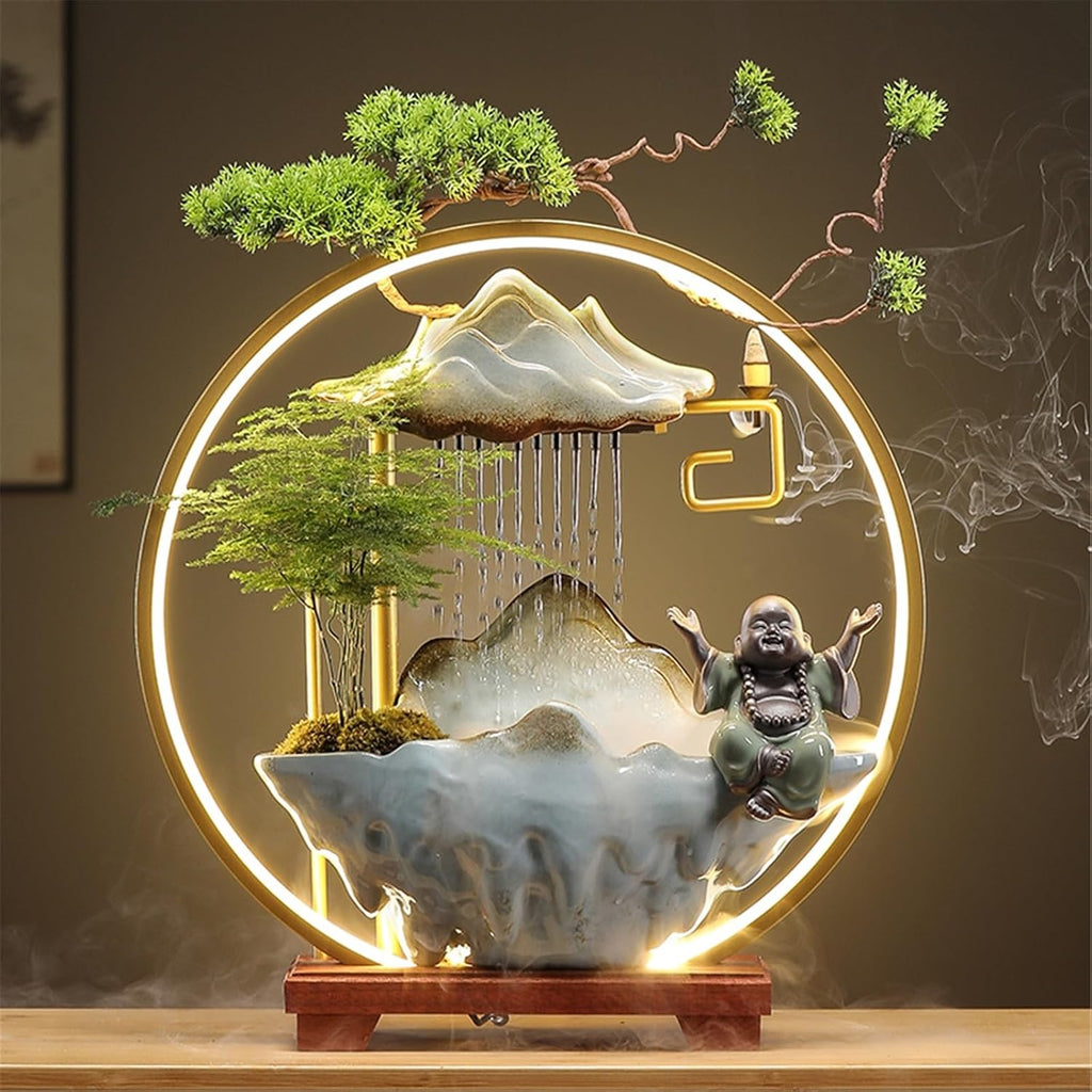 Tabletop Fountain Indoor Waterfall Fountain with LED Light and Incense Holder, Meditation Decoration for Home Office