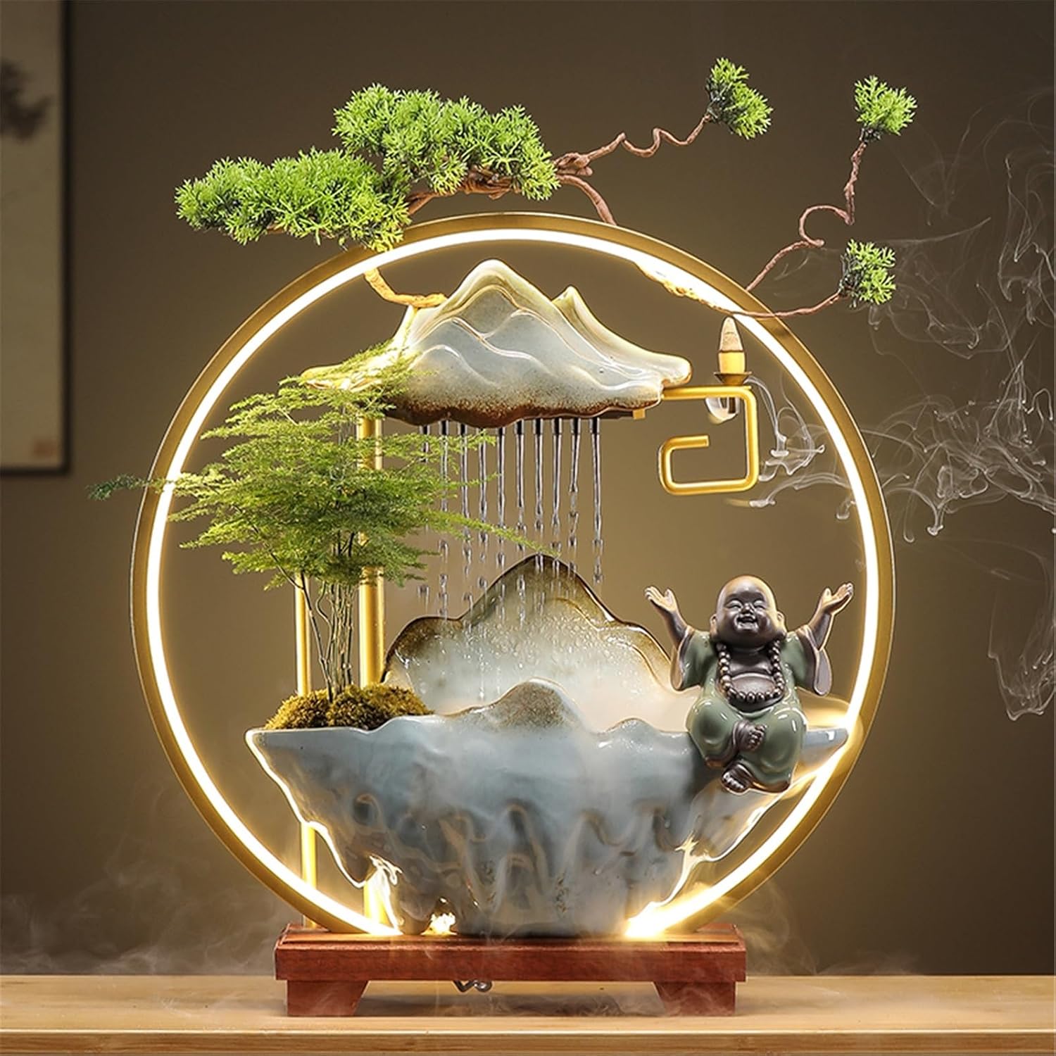 Tabletop Fountain Indoor Waterfall Fountain with LED Light and Incense Holder, Meditation Decoration for Home Office