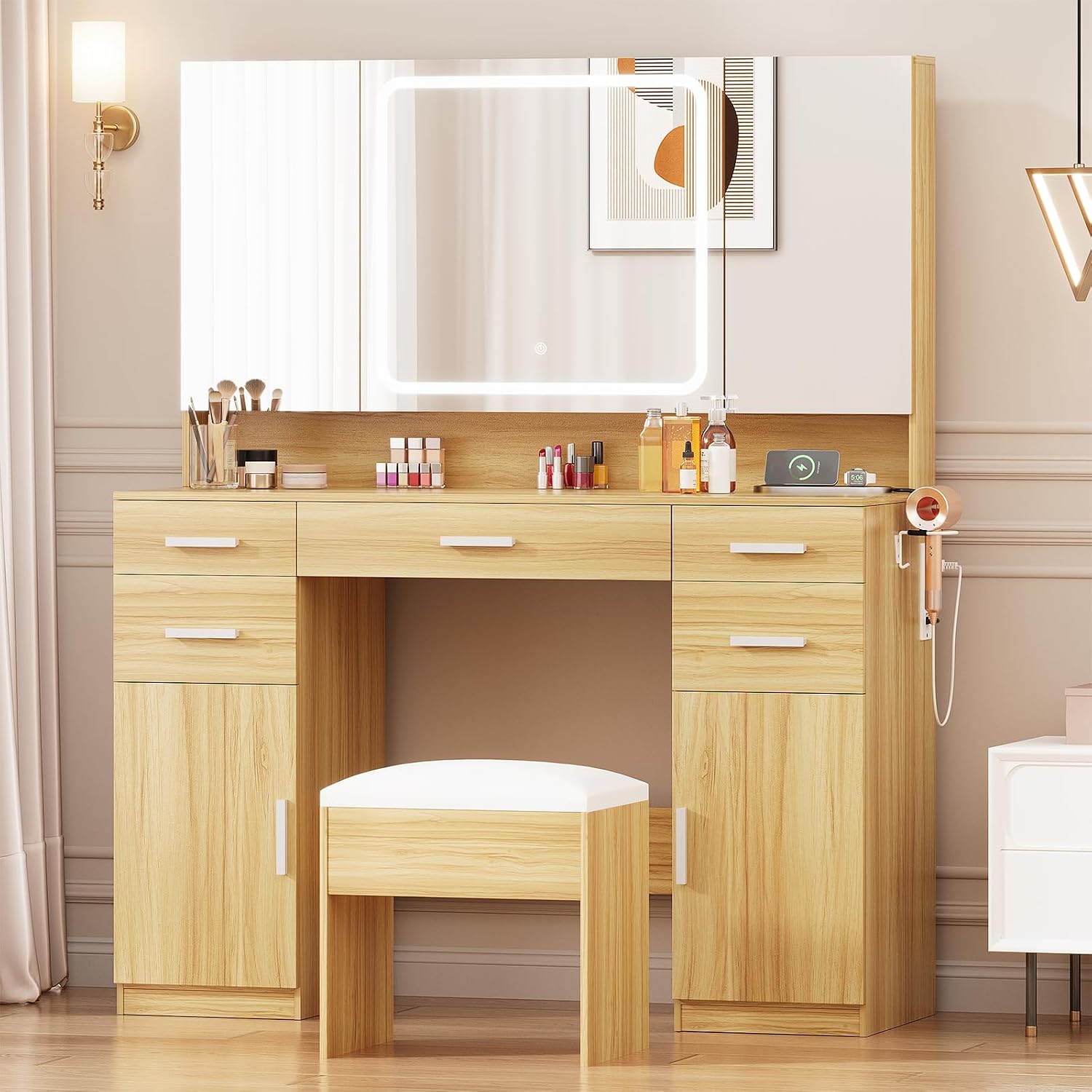 Airynee Vanity Desk with Mirror and Light, 9 Drawers Makeup Vanity Tables with Power Outlet, Tri-Folding & 3 Colors Adjustable LED Lighted Mirror, Vanities Desk Set for Bedroom, Dressing Room, Oak