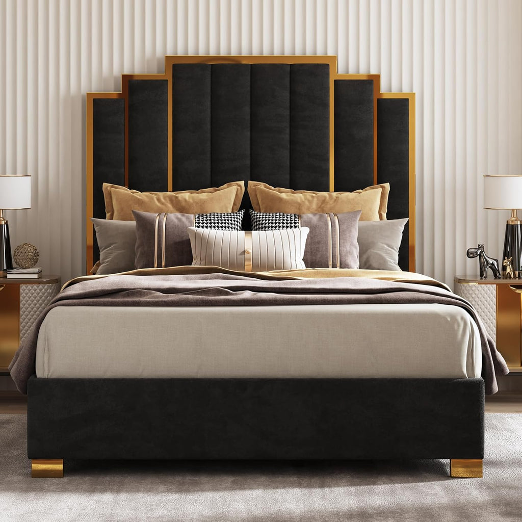 AMERLIFE Queen Size Upholstered Bed, Modern Velvet Bed Frame with 61.4' Tall Gold Trim Headboard, No Box Spring Needed, Black