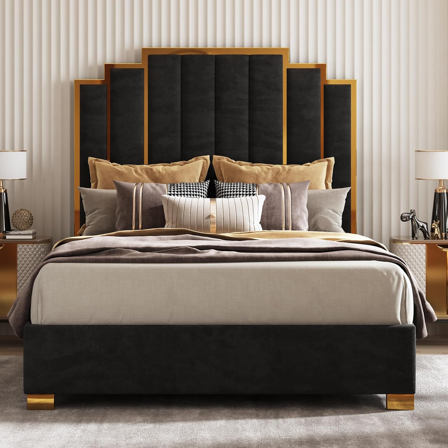 AMERLIFE Queen Size Upholstered Bed, Modern Velvet Bed Frame with 61.4' Tall Gold Trim Headboard, No Box Spring Needed, Black