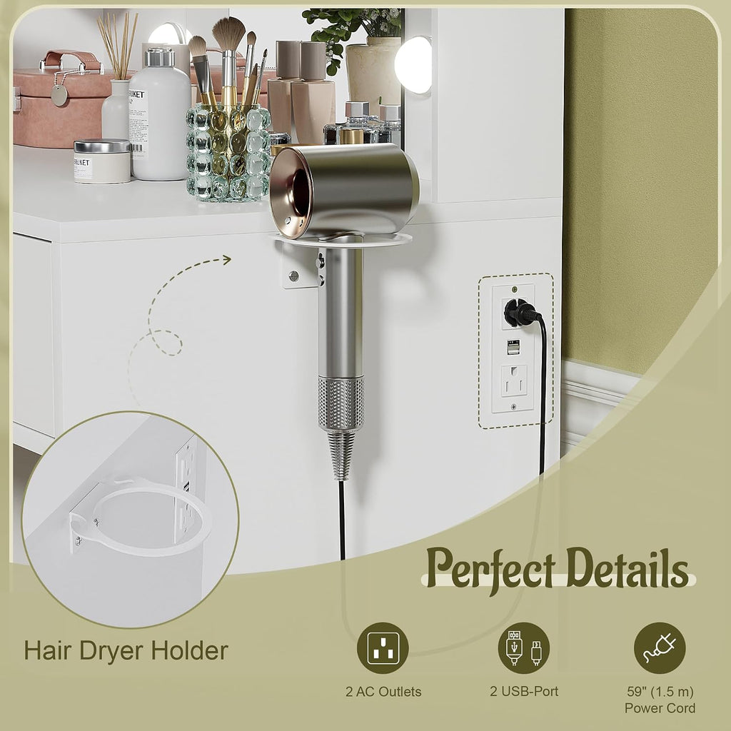 YESHOMY Vanity Desk with Mirror, Makeup Table with 2 Large Drawers, Power Outlet and Round Holder, 3 Color Modes Adjustable Bulb, White