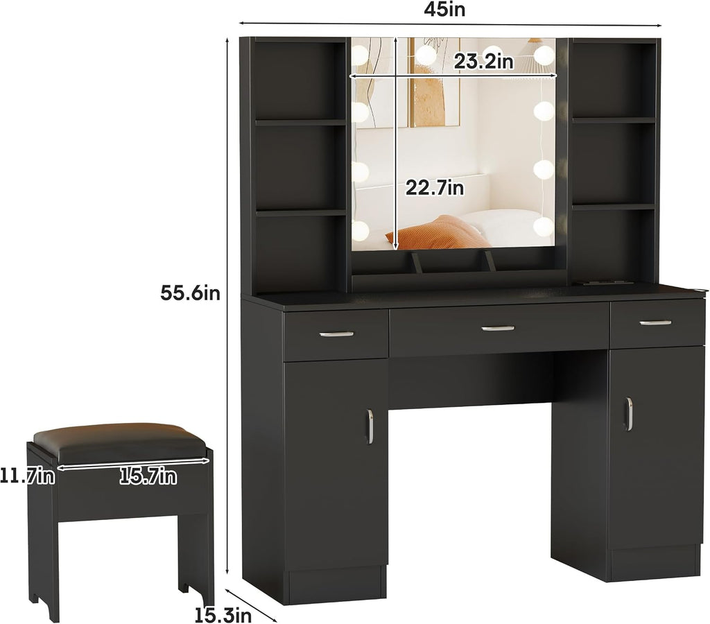 Vabches Vanity Desk with Lights and Mirror, Makeup Vanity Table with Charging Station, 45in Big Vanity Set with Storage Stool, Black