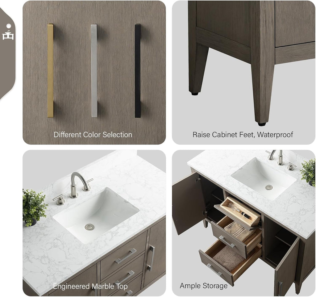 Vanity Art 48 inch Bathroom Vanity with Single Sink & Ceramic Top, Solid Wood, Vanity Cabinet with Soft-Closing Doors, Drawers, Driftwood Gray, Golden Brushed Handware