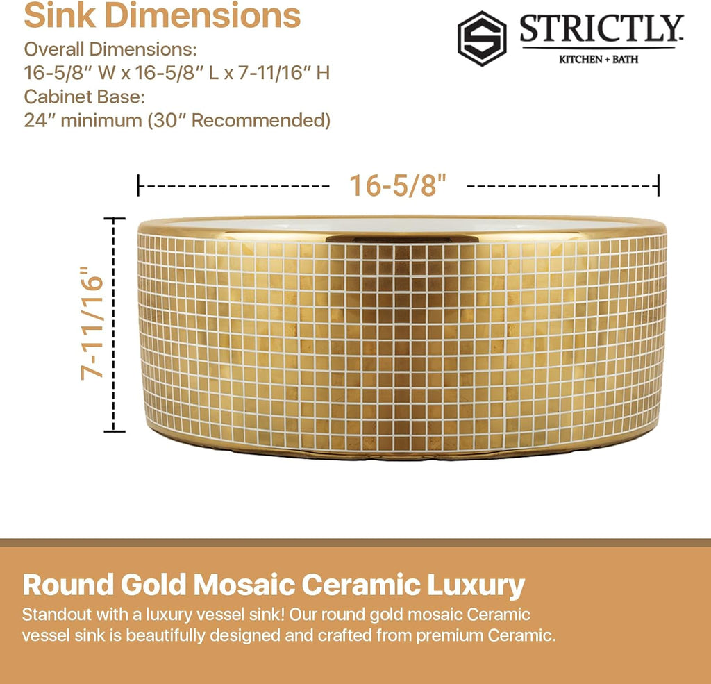 Strictly Sinks 16 Inch Gold Vessel Sink – Round Mosaic Ceramic Countertop Bathroom Sink – Easy to Install Above Counter Luxurious Vessel Sink for Bathroom (16-5/8″ W x 16-5/8″ L x 7-11/16″ H)